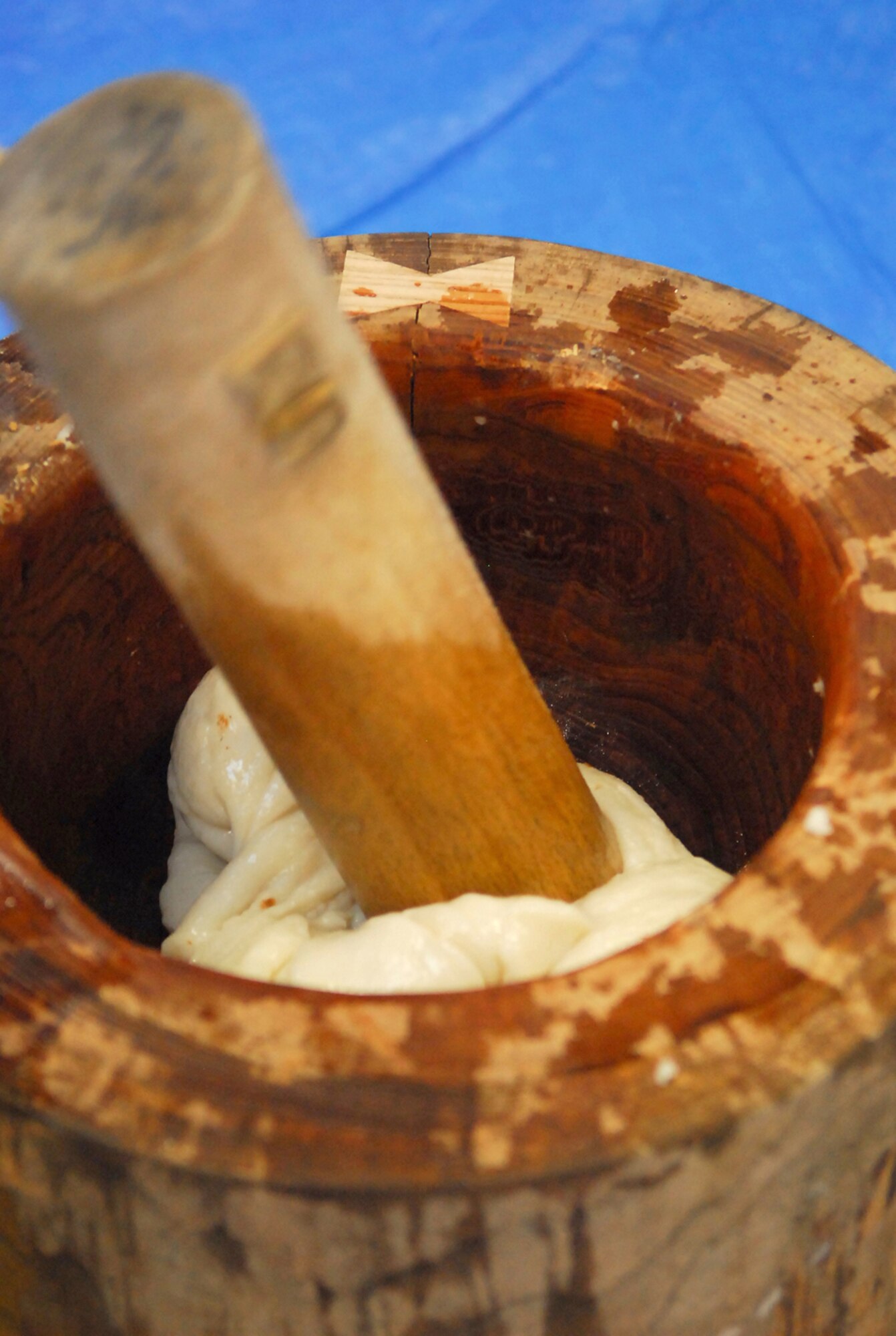 The "kine" is used to knead and mix the mochi rice into a jelly-like paste. Mochi is a traditional food for the Japanese New Year and is commonly sold and eaten during that timen. (U.S. Air Force photo / 1st Lt. Bryan Bouchard)