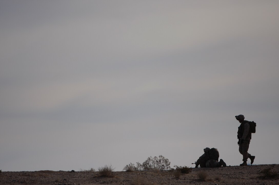 Marines with Company K, 3rd Battalion, 1st Marine Regiment, from Marine Corps Base Camp Pendleton, Calif., pause during a patrol to provide security and get account for their Marines Jan. 31, at Combat Center Range 220. The battalion is switching roles and leaving the Marine Expeditionary Unit to deploy in support of Operation Enduring Freedom.
