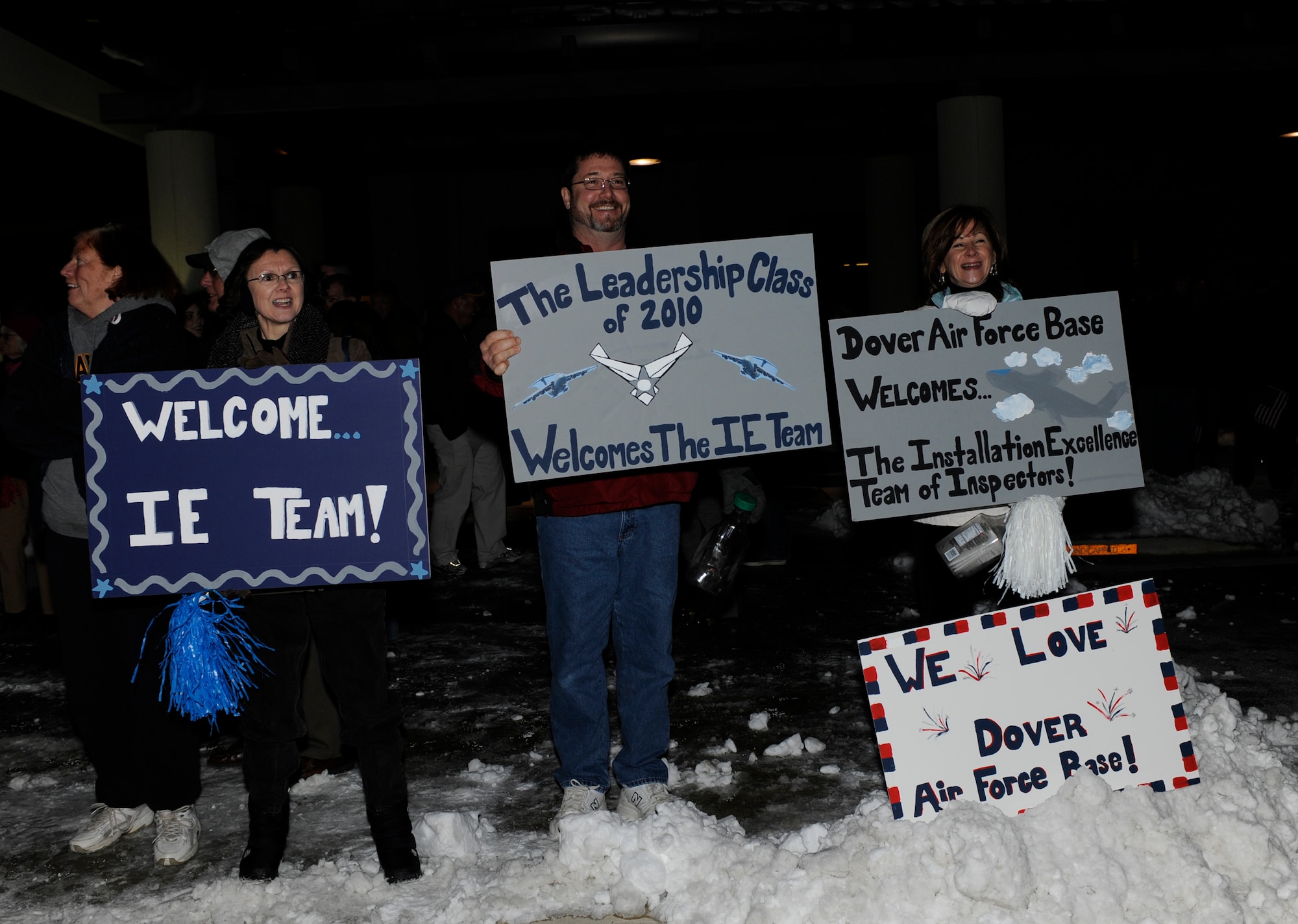 Members of the Central Delaware Chamber of Commerce’s Leadership Central Delaware program welcome the Installation Excellence Selection Board to Dover Air Force Base Jan. 31. Community members and Dover Airmen gathered at Eagle’s Rest Lodging to welcome the IESB to Dover. The IESB members will evaluate 26 mission areas during more than 100 briefings Feb. 1 and 2 to determine if Dover should receive the 2010 Commander-in-Chief’s Annual Award for Installation Excellence. The IESB arrived at Dover after evaluating Elmendorf AFB, Alaska. (U.S. Air Force photo/Jason Minto)