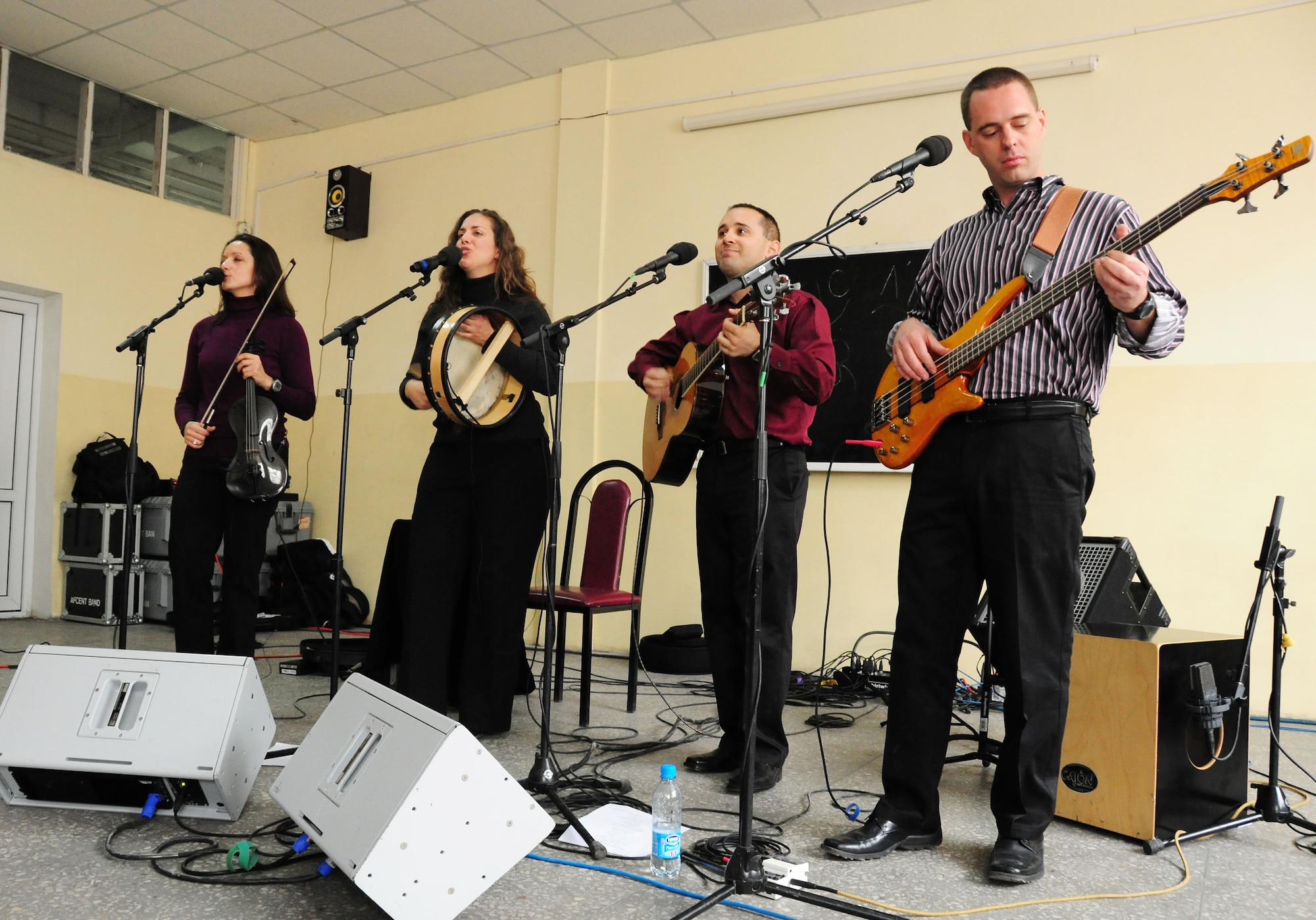 “Celtic Aire,” the U.S. Air Forces Central Public Affairs band, performs for the Police Academy in Bishkek, Kyrgyzstan, Jan. 28, 2010. The Academy performance was one of five performances in the local Kyrgyz community. (U.S. Air Force photo/Senior Airman Nichelle Anderson/released)