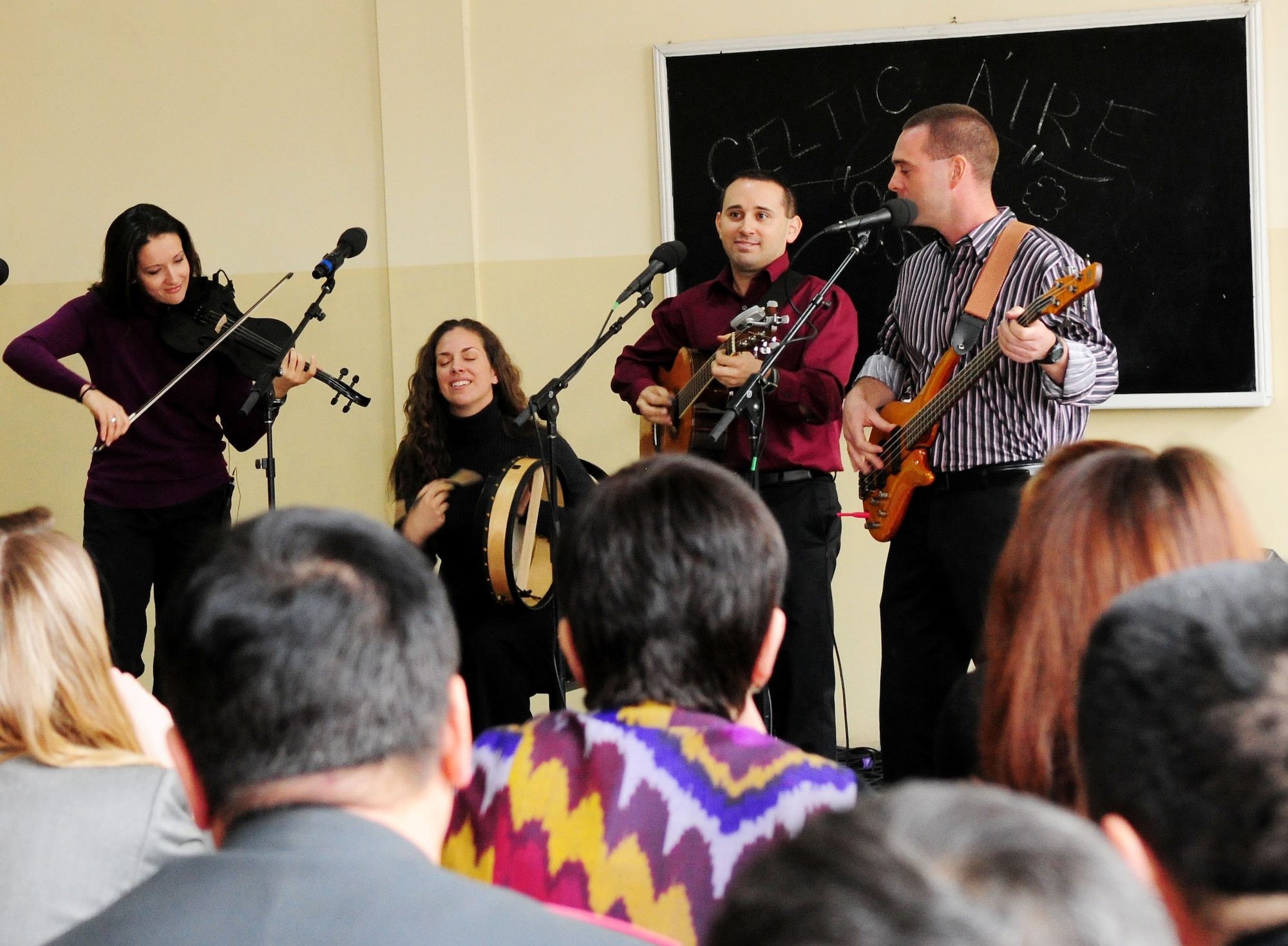 “Celtic Aire,” the U.S. Air Forces Central Public Affairs band, performs for the Police Academy in Bishkek, Kyrgyzstan, Jan. 28, 2010. The Academy performance was one of five performances in the local Kyrgyz community. (U.S. Air Force photo/Senior Airman Nichelle Anderson/released)