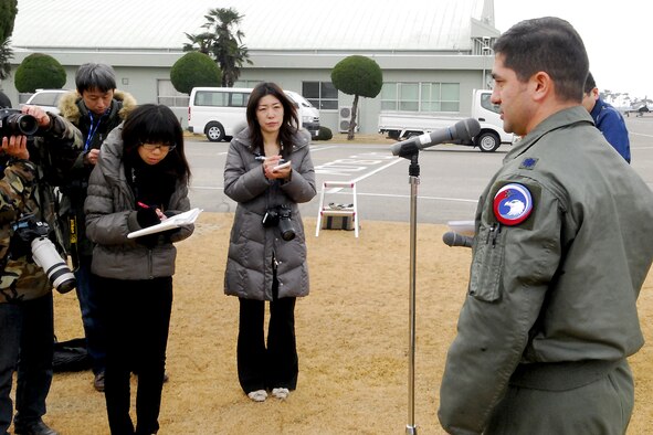 Lt. Col. James Sukenik, 67th Fighter Squadron director of operations, addresses members of the Japanese media Feb. 1 at Hyakuri Air Base, about 70 miles north of Tokyo. Lt. Col. Sukenik is leading a team of almost 100 Kadena Airmen at the Japanese air base as part of an aviation training relocation. The ATR is designed to enhance the interoperability of the U.S. and Japanese air forces while reducing aircraft noise at Kadena in Okinawa. (U.S. Air Force photo / 1st Lt. Bryan Bouchard)