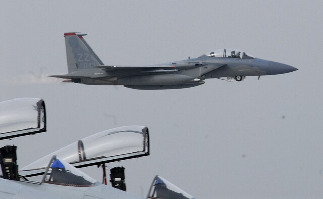 Maj. Tom Hunt, a pilot from the 67th Fighter Squadron and flight lead for the morning's first "go," takes off from Hyakuri Air Base Feb. 1 during an aviation training relocation. Almost 100 Kadena Airmen are operating alongside their Japanese counterparts for the week to enhance the interoperability of the two nation's air forces for the common defense of Japan, as well as to reduce some of the flights and associated noise in Okinawa. (U.S. Air Force photo / 1st Lt. Bryan Bouchard)