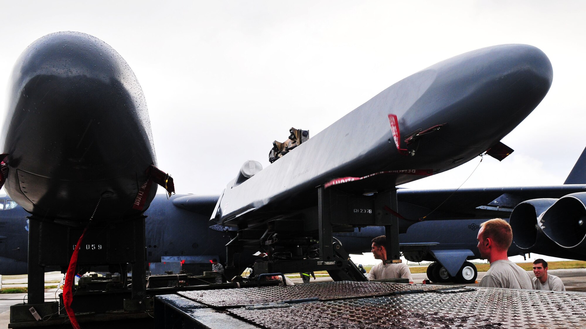 ANDERSEN AIR FORCE BASE, Guam - Airman from the 20 Expeditionary Aircraft Maintenance Squadron load a
conventional air launch cruise missile on to a B-52 during a recent
operational readiness exercise here.  The 20th EAMS is deployed to the 36th
Wing as part of U.S. Pacific Command's continuous bomber presence.  The
mission of the 36th Wing is to employ, deploy, integrate and enable air and
space forces from the most forward U.S. sovereign Air Force base in the
Pacific.  (U.S. Air Force photo by Airman 1st Class Julian North /Released)