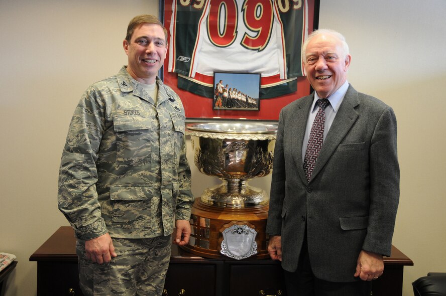 Colonel Frank Stokes, Wing Commander of the 148th Fighter Wing in Duluth, MN poses with Minnesota Congressman Jim Oberstar in front of the prized Raytheon Corporation Trophy. The Raytheon Trophy was awarded to the 179th Fighter Squadron of the 148th Fighter Wing, for being the most outstanding air defense unit in the U.S. Air Force, marking only the fourth time an Air National Guard unit receieved this award since its inception in 1953. (U.S. Air Force photo by Tech. Sgt. Brett R. Ewald)