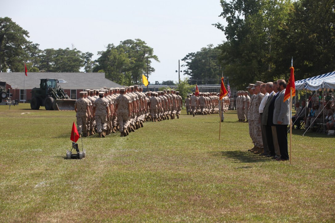 The 310SUG-V counter-improvised explosive device robot, participates in a pass in review during a retirement ceremony for Col. David S. Heesacker, commanding officer of Marine Corps Engineer School, Marine Corps Base Camp Lejeune, at Courthouse Bay aboard the base, July 1.  Heesacker is retiring from the Marine Corps after 32 years of active-duty service.