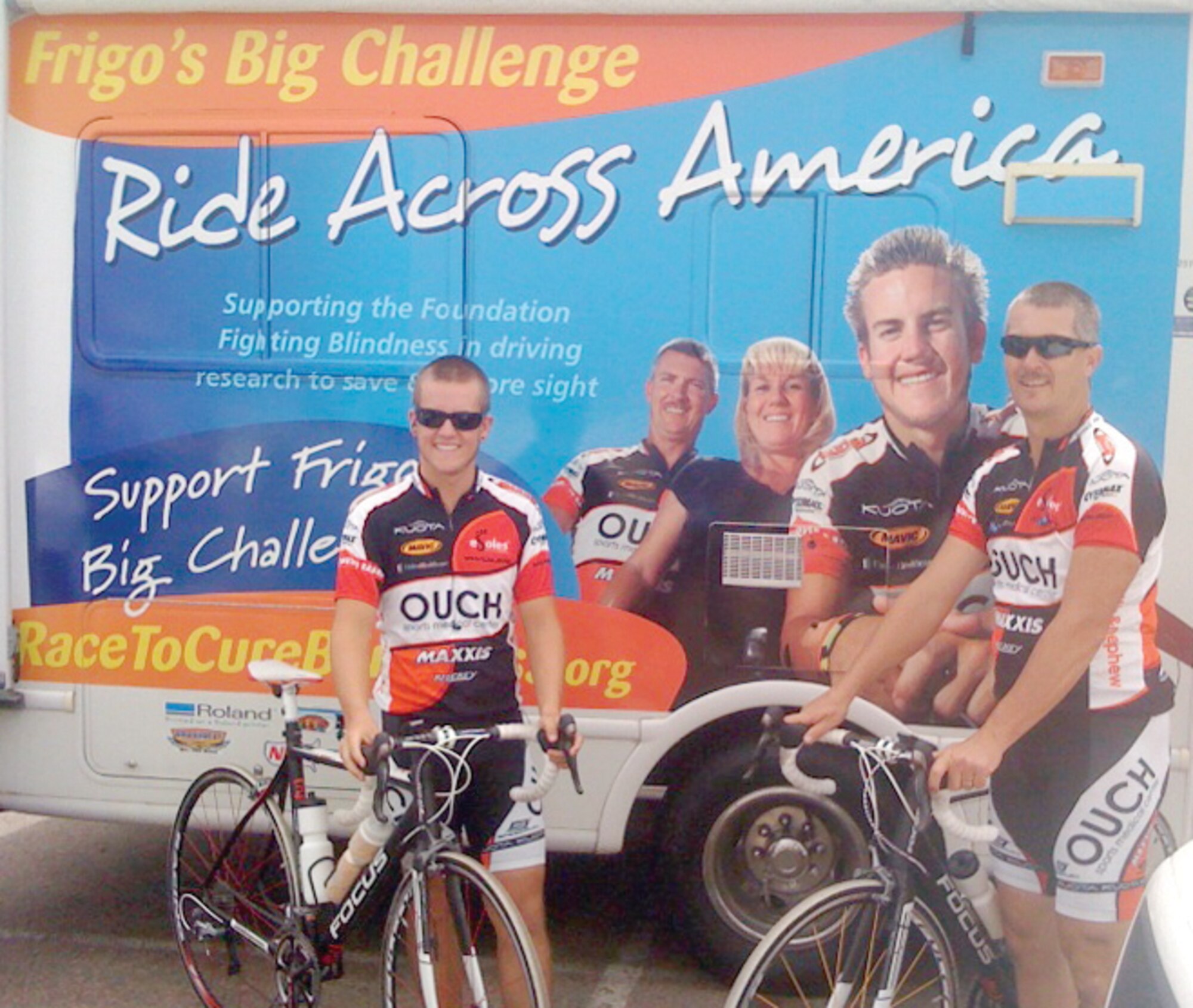 452nd Logistics Readiness Squadron Fuels Superintendent Senior Master Sgt. James Frigo (right) poses with his son, Bubba, in front of the vinyl RV decals bearing their likeness, at the Frigo’s Big Challenge starting event June 14 in San Diego, Calif. (U.S. Air Force photo by Maj Zack Jensen)
