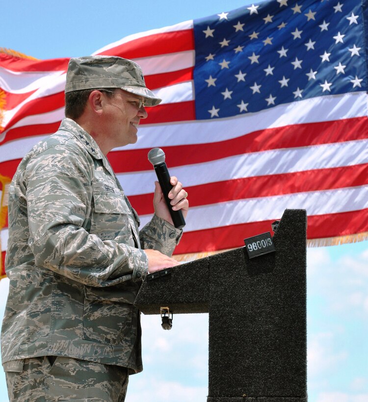 Lt. Gen. (Dr.) Charles Green remarks on the grand opening of the $18 million Medical Readiness Training Center June 25, 2010, at Camp Bullis, Texas. General Green is the Air Force Surgeon General. (Department of Defense photo/Steve Elliott)