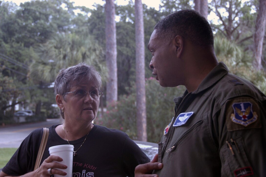 Panama City Kiwanis member Peggy Hudson (left) discusses homeland security issues with Maj. Gen. Garry C. Dean, Air Forces Northern commander, after his presentation to the club June 30, 2010.  (U.S. Air Force photo by Lt. Col. Susan A. Romano)