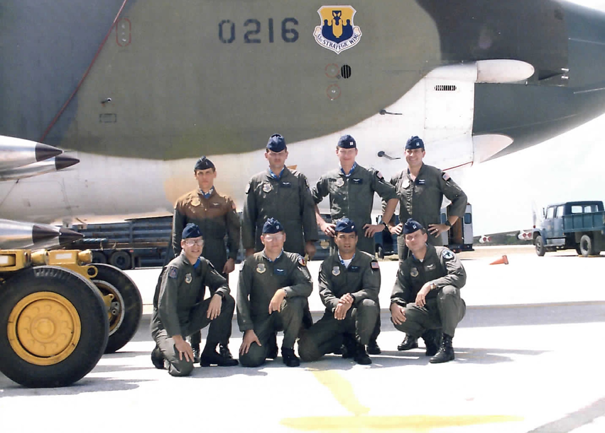 BARKSDALE AIR FORCE BASE, La. -- Lieutenant Welch's father, retired Lt. Col. Don Welch (bottom right), poses with the crew of his B-52D in 1985. First Lt. Daniel Welch has some big shoes to fill; four of them to be exact. Lieutenant Welch, a pilot with the 11th Bomb Squadron, will become the third consecutive generation of B-52 flight officers in his family. (courtesy photo)