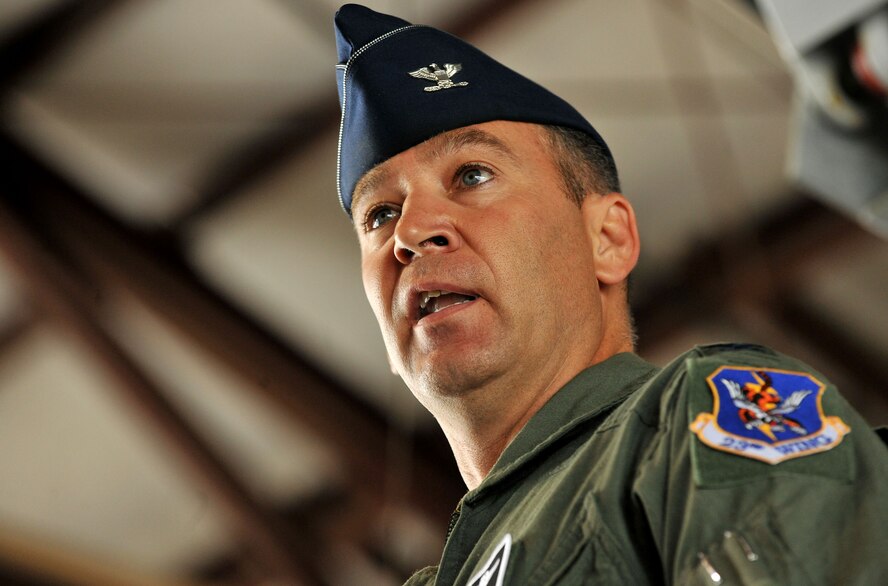 MOODY AIR FORCE BASE, Ga. -- Col. Chad Franks, 347th Rescue Group incoming commander, gives his remarks during the 347th RQG change of command ceremony here July 1. Colonel Franks is a command pilot with more than 3,200 hours and has flown in special operations throughout the world. (U.S. Air Force photo by Airman 1st Class Joshua Green/RELEASED)