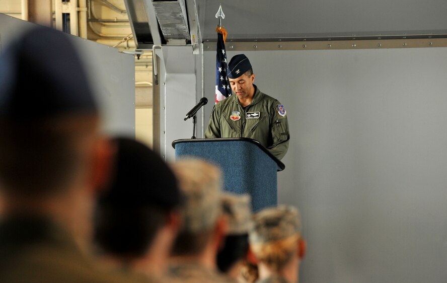 MOODY AIR FORCE BASE, Ga. -- Col. Darryle Grimes, 347th Rescue Group outgoing commander, gives his opening remarks during a change of command ceremony here July 1. Col. Chad Franks, 347th RQG  incoming commander, will be commanding the Air Force largest combat search and rescue unit. (U.S. Air Force photo by Airman 1st Class Joshua Green/RELEASED)
