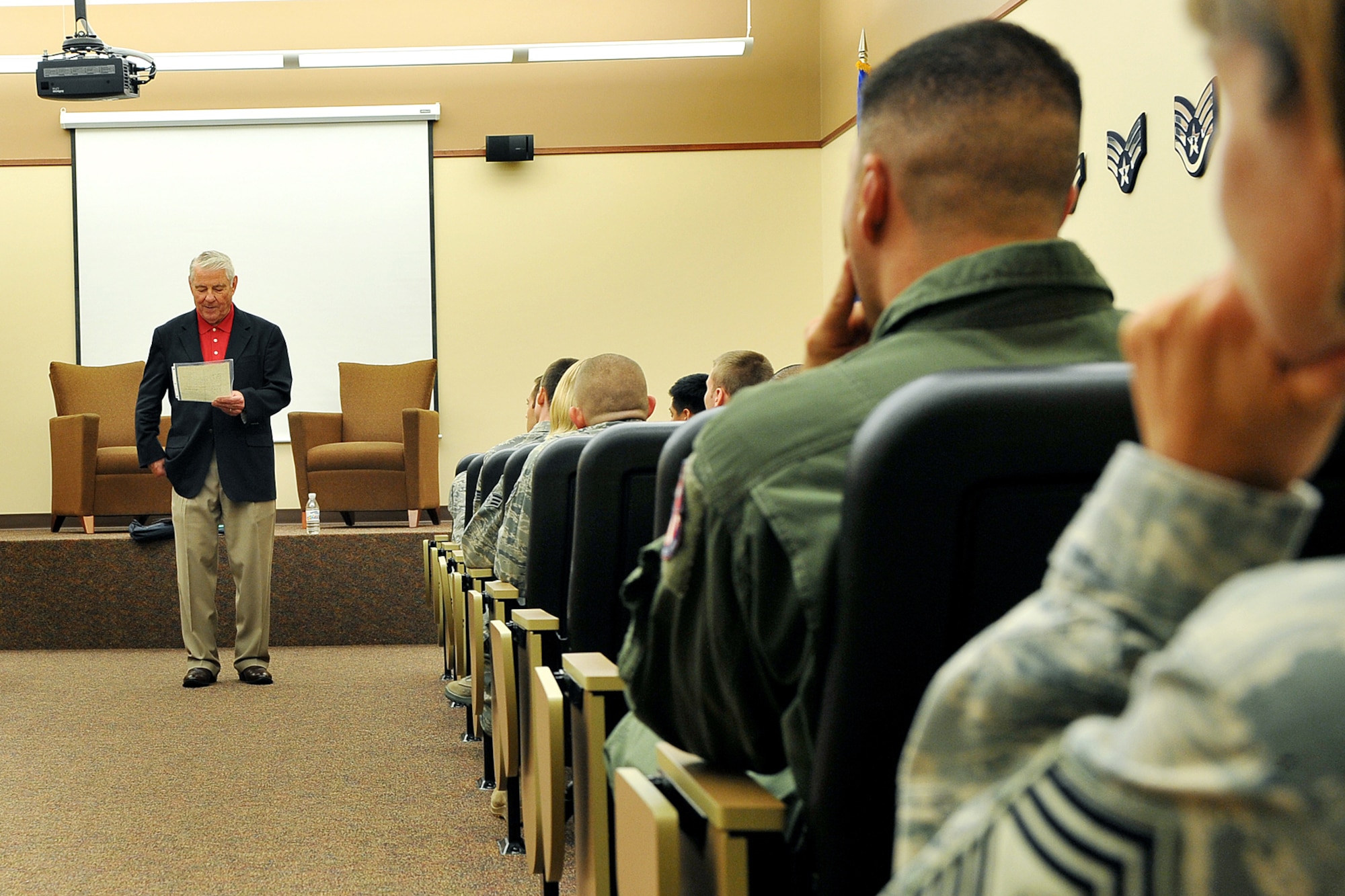 OFFUTT AIR FORCE BASE, Neb. - Retired Chief Master Sgt. Robert D. Gaylor, fifth chief master sergeant of the air force, speaks at the James M. McCoy Airman Leadership School June 29.  Chief Gaylor has been spreading a message of maintaining positive attitudes and striving for technical aptitude at more than 30 air force bases every year during his retirement. U.S. Air Force photo by Charles Haymond
