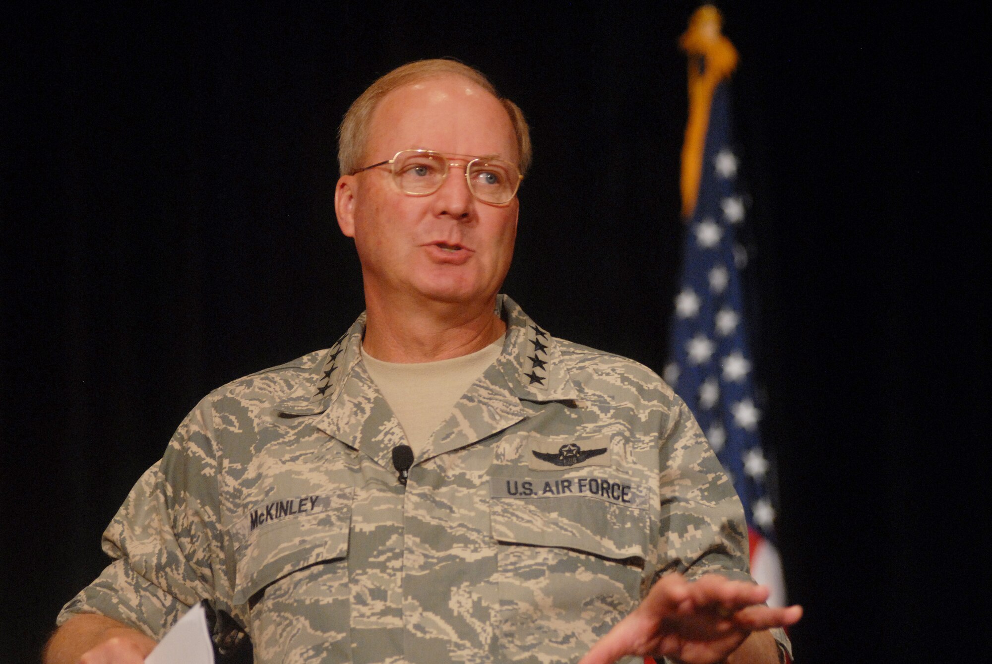 Air Force Gen. Craig McKinley, chief of the National Guard Bureau, speaks to a room of Air Guard medical personnel during the 2010 Air National Guard Readiness Frontiers conference in Minneapolis, Minn., June 19, 2010. He talked about the exciting things that are happening in the medical field and larger concerns, such as budgetary and equipment issues across the entire National Guard.