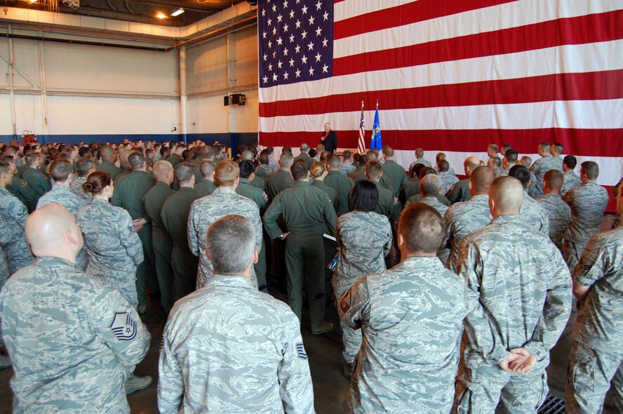OFFUTT AIR FORCE BASE, Neb. - Retired Chief Master Sgt. Robert Gaylor, fifth chief master sergeant of the Air Force, addresses more than 1,000 enlisted members at the Bennie Davis Maintenance Facility here during his visit to Offutt July 29. Chief Gaylor encouraged Offutt?s Airmen to take advantage of every opportunity by maintaining a constant positive attitude and honing their technical aptitudes. U.S. Air Force photo by Airman 1st Class Peter R.O. Danielson