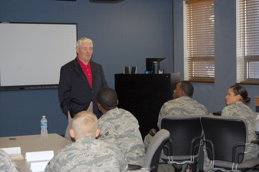 OFFUTT AIR FORCE BASE, Neb. - Retired Chief Master Sgt. Robert Gaylor, fifth chief master sergeant of the Air Force, addresses young Airmen at the First Term Airman Center here during his visit to Offutt July 29. During the briefing, Chief Gaylor explained how FTAC became an Air Force wide program after Chief Master Sgt. Kevin Estrem decided to create a place for new Airmen to report as part of their introduction to the base. U.S. Air Force photo by Airman 1st Class Peter R.O. Danielson