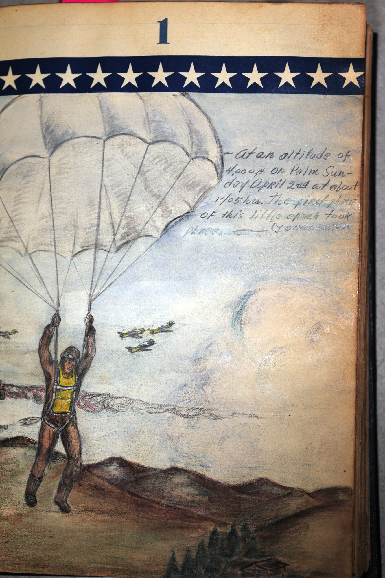 BARKSDALE AIR FORCE BASE, La. – A hand-drawn picture is displayed on the first page of Claude McCrocklin’s Prisoner of War journal after he donated it to the Eighth Air Force Museum, June 25. Mr. McCrocklin was held at a German POW camp during World War II. The caption in the picture reads “At an altitude of 4,000 feet on Palm Sunday, April 2nd at about 1405 hours the first phase of this little epic took place.” (U.S. Air Force photo by Senior Airman Joanna M. Kresge)