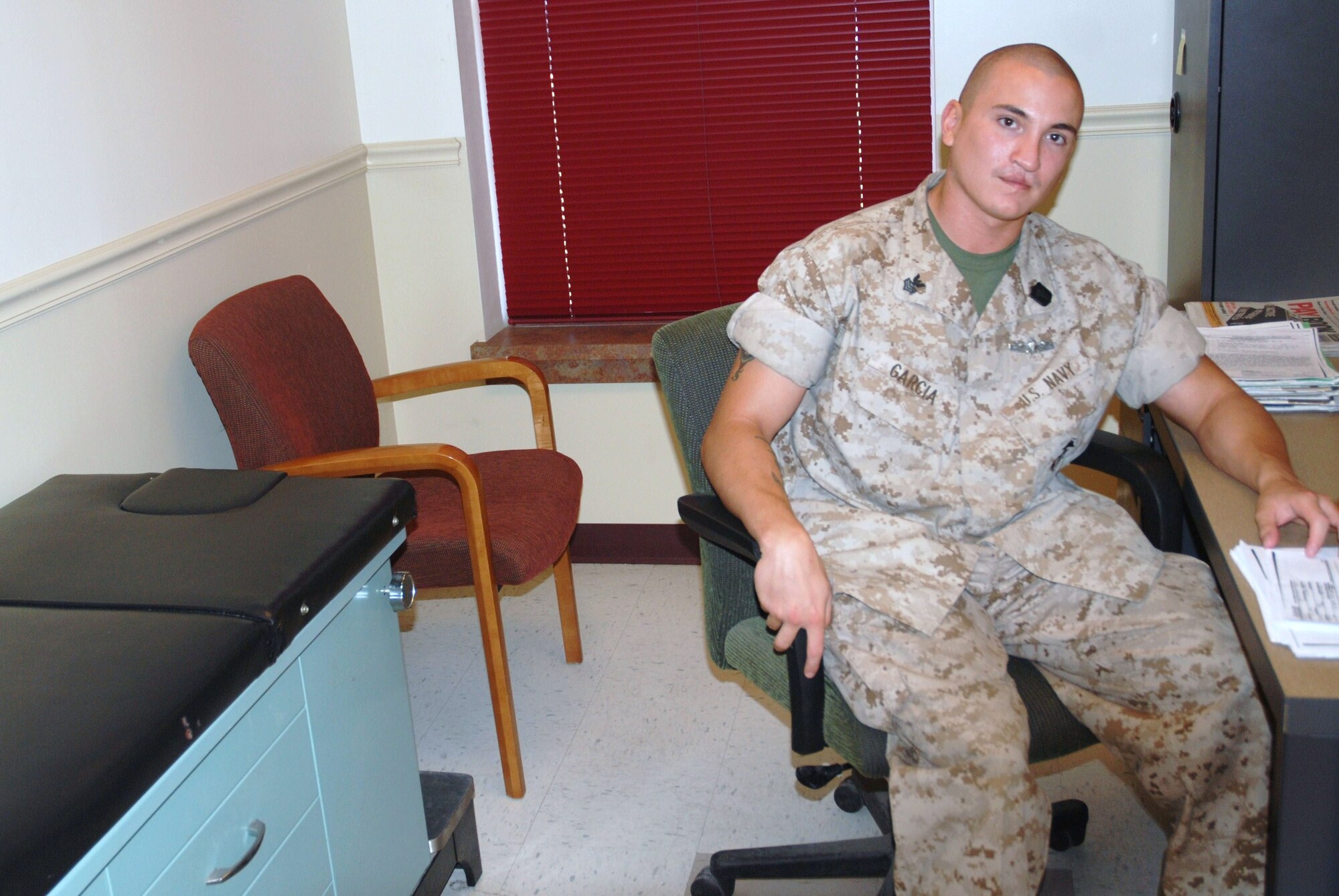 Navy Hospital Corpsman First Class Petty Officer Marcus Garcia is the only full-time medic for more than 400 Westover Marines.