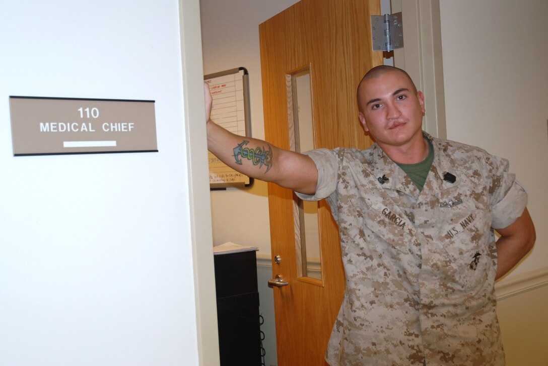 Navy Hospital Corpsman First Class Petty Officer Marcus Garcia is the only full-time medic for more than 400 Westover Marines.