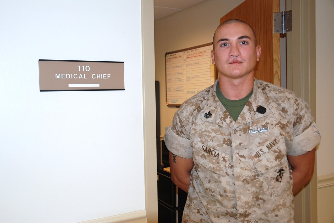 Navy Hospital Corpsman First Class Petty Officer Marcus Garcia is the only full-time medic for more than 400 Westover Marines.