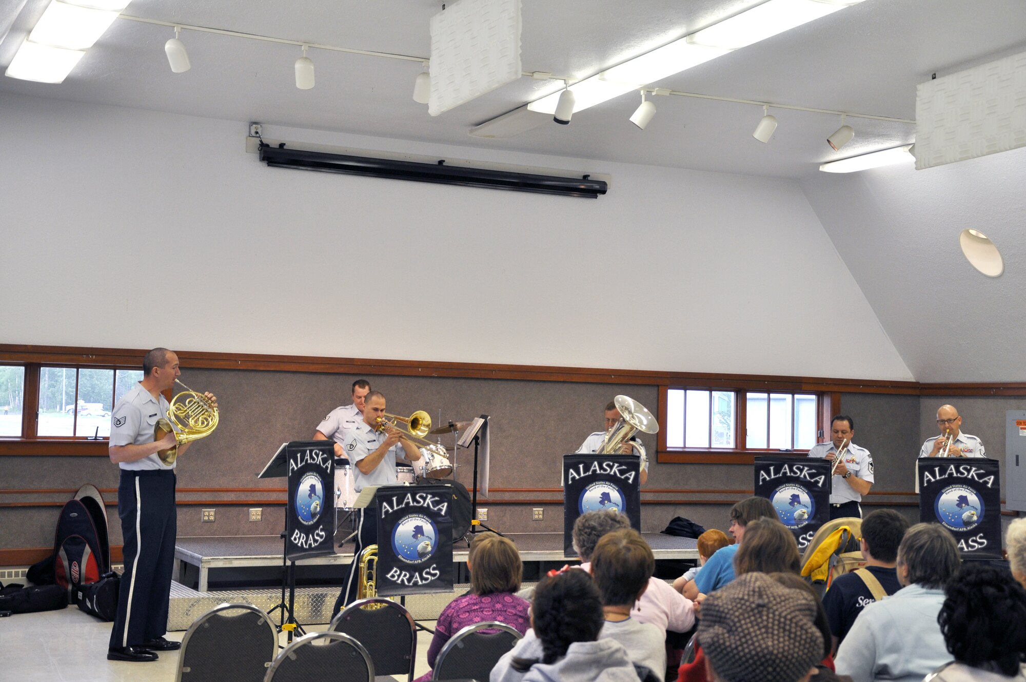 PALMER, Alaska ? The Alaska Brass, from the USAF Band of the Pacific, performed in Palmer, Alaska as part of the Palmer Library Summer Reading Program.  Approximately 140 children and adults attended the performance.  (Courtesy photo by Jennifer Rider)