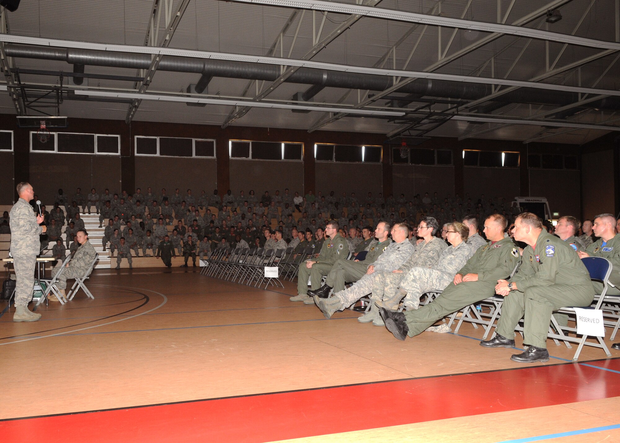 SPANGDAHLEM AIR BASE, Germany -- Col. Tip Wight, 52nd Fighter Wing commander, speaks to 52nd Fighter Wing Airmen July 2 about their operational readiness inspection and NATO force evaluation performance.  The inspections are designed to test a unit's ability to respond to contingency operations.  The 52nd FW earned an overall excellent for the ORI and a mission capable rating for the NATO forceval.  (U.S. Air Force photo by Airman 1st Class Nicholas Wilson)