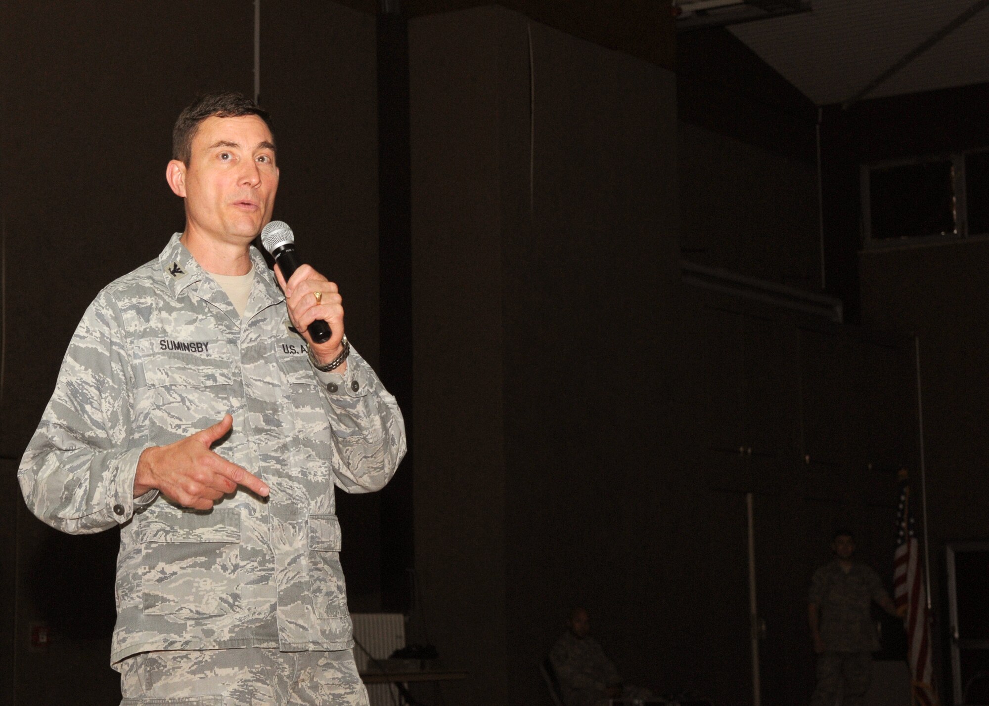 SPANGDAHLEM AIR BASE, Germany -- Col. Robert Suminsby, U.S. Air Forces in Europe inspector general, speaks to 52nd Fighter Wing Airmen July 2 about their recent operational readiness inspection performance.  The inspection was designed to test a unit's ability to respond to contingency operations, and the 52nd FW earned an overall excellent rating.  (U.S. Air Force photo by Airman 1st Class Nicholas Wilson)