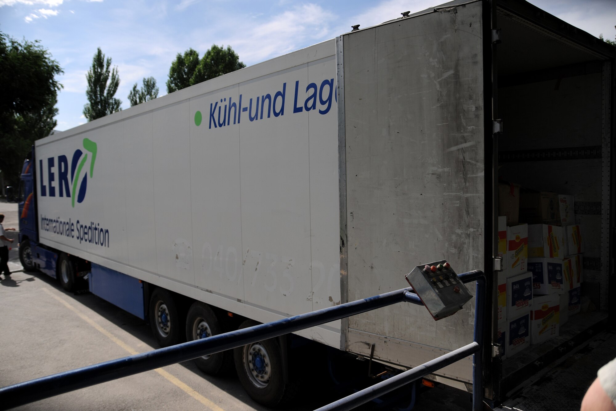 MANAS INTERNATIONAL AIRPORT, Kygryzstan - This 18-wheeler was loaded with eight pallets in less than two hours by 20 Airmen who volunteered to help Kyrgyz relief workers, at the Manas International Airport warehouse  July 3. The supplies are being trucked to Osh.