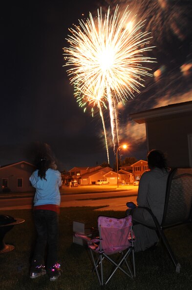 MINOT AIR FORCE BASE, N.D. -- Gabrielle and Rashonda Osberry, daughter and wife of Tech. Sgt. Lee A. Osberry, Jr., Minot AFB public affairs, enjoy the base’s fireworks display in the housing area here July 4. Minot’s Airmen and their families enjoyed fun, festivities and fireworks both on- and off-base during the 2010 celebration of our nation’s independence. (U.S. Air Force photo by Tech. Sgt. Lee A. Osberry, Jr.)