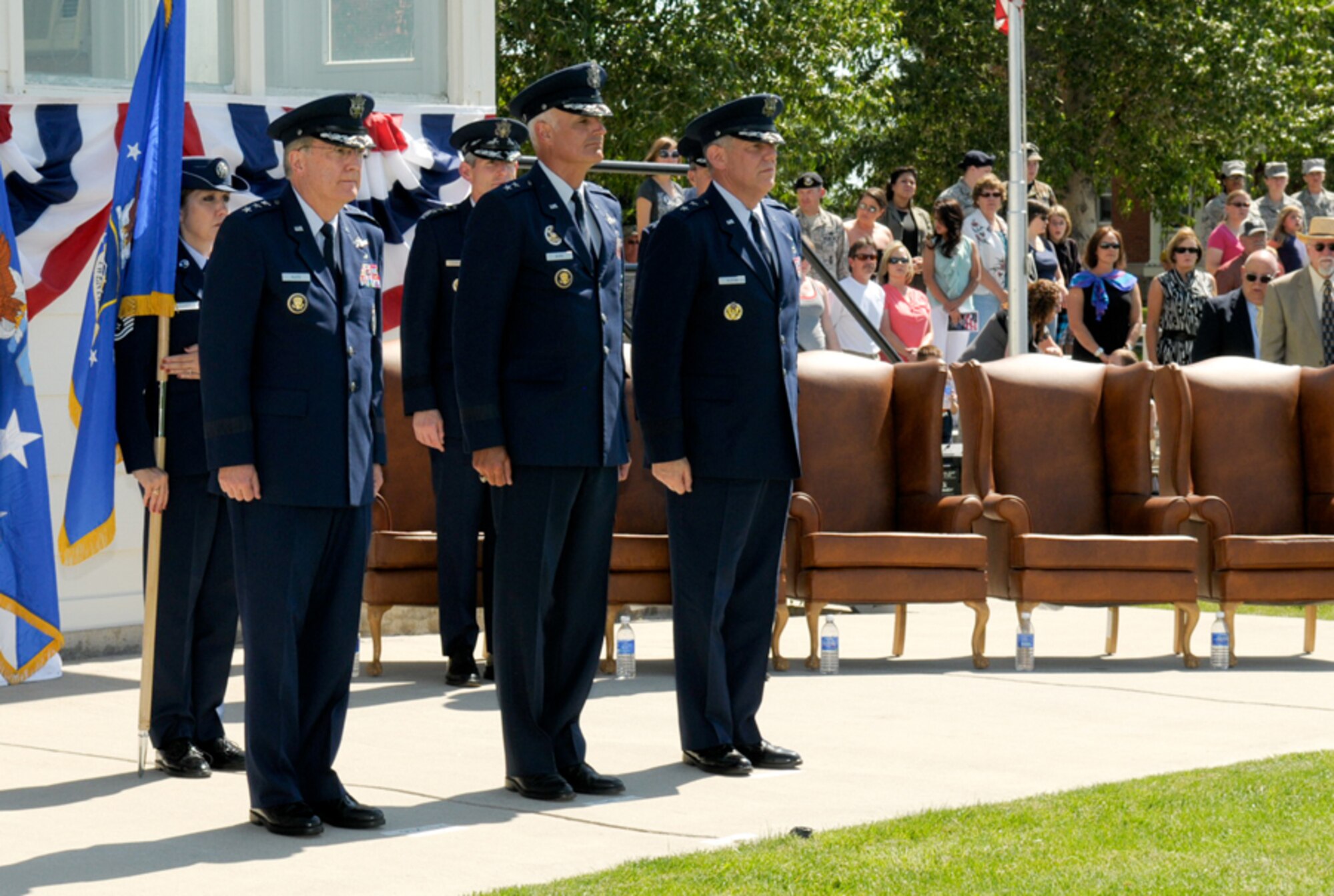 F.E. WARREN AIR FORCE BASE, Wyo. - Lt. Gen. Frank Klotz, Air Force Global
Strike Command commander, Maj. Gen. Roger Burg, Twentieth Air Force
commander, and Maj. Gen. C. Donald Alston stand at attention during a
Twentieth Air Force change of command ceremony July 1 at the Argonne Parade
Field. General Burg is retiring after almost 30 years of military service
while General Alston is taking over command of the nation's intercontinental
ballistic missile force (U.S. Air Force photo/Jeff Allred).