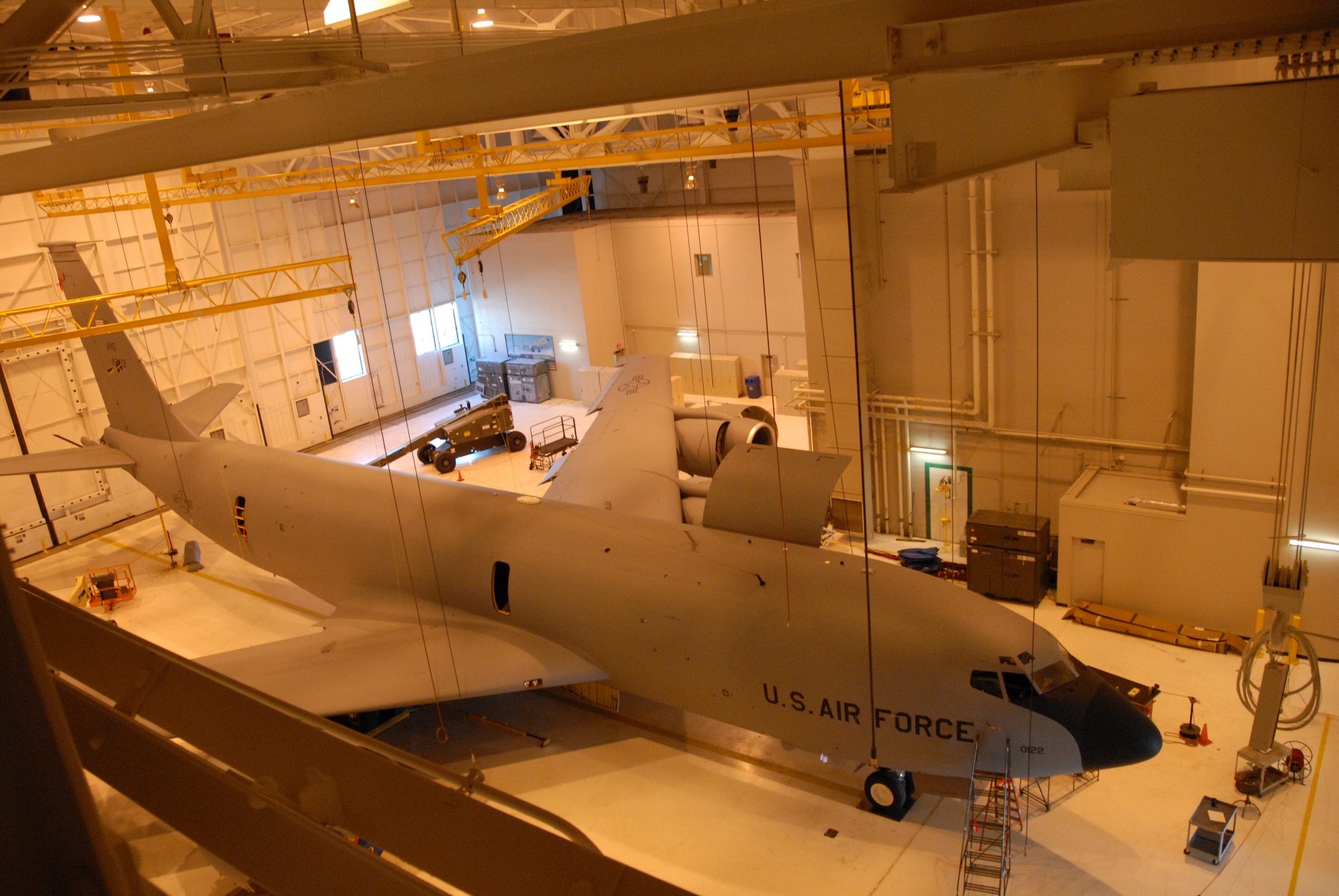 A KC-135R receives modifications during the April 2010 UTA. (photo by Staff Sgt. Jake Meyer)