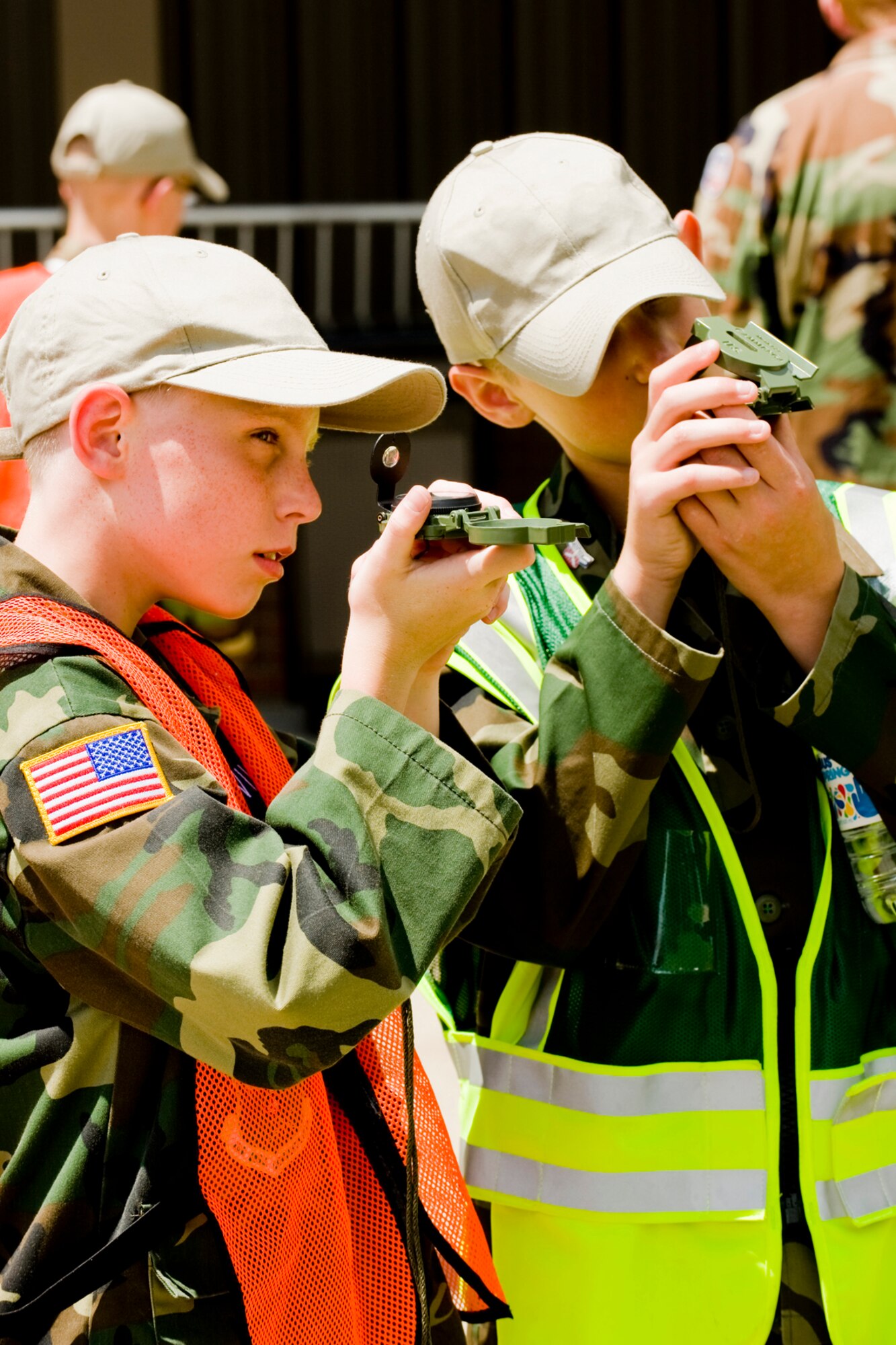 YOUNGSTOWN AIR RESERVE STATION, Ohio--A pair of CAP cadets work together to complete a land navigation training course during a CAP encampment, here. Cadets at the encampment learned navigation skills, practiced leadership and followership skills, and flew to Wright-Patterson Air Force Base on a C130H aircraft to tour the National Museum of the US Air Force. 