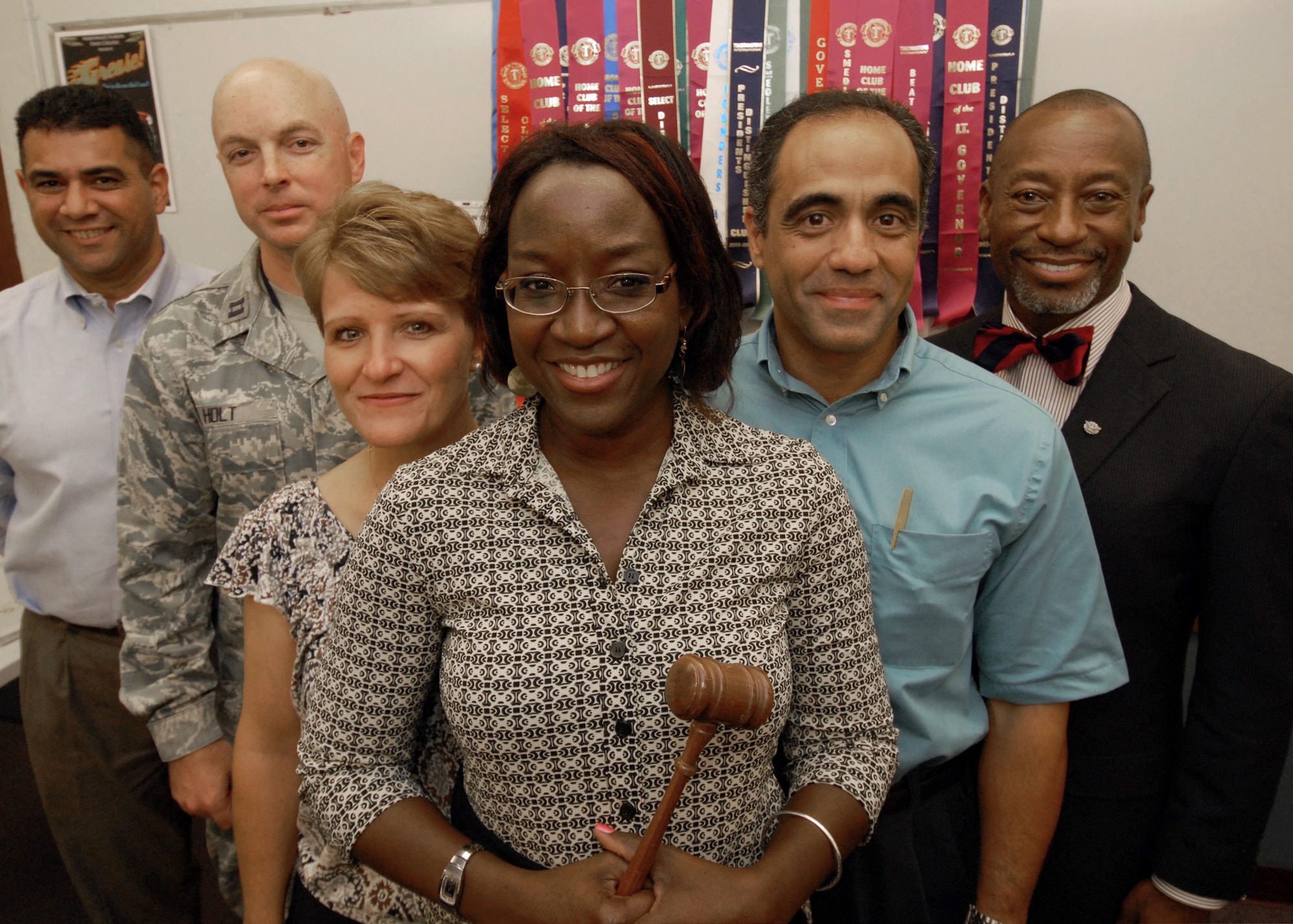 The Emerald Coast Toastmasters Club recently appointed new officers and is looking for new members.  Meetings are held every Thursday at 11:30 a.m. at the education center Rm 122.  (From left to right)  Herman Maranon, Capt. Heath Holt, Heidi Frazier, June Newton (president), Adrian Mijangos and Christopher Echols.  (U.S. Air Force photo/Samuel King Jr.) 