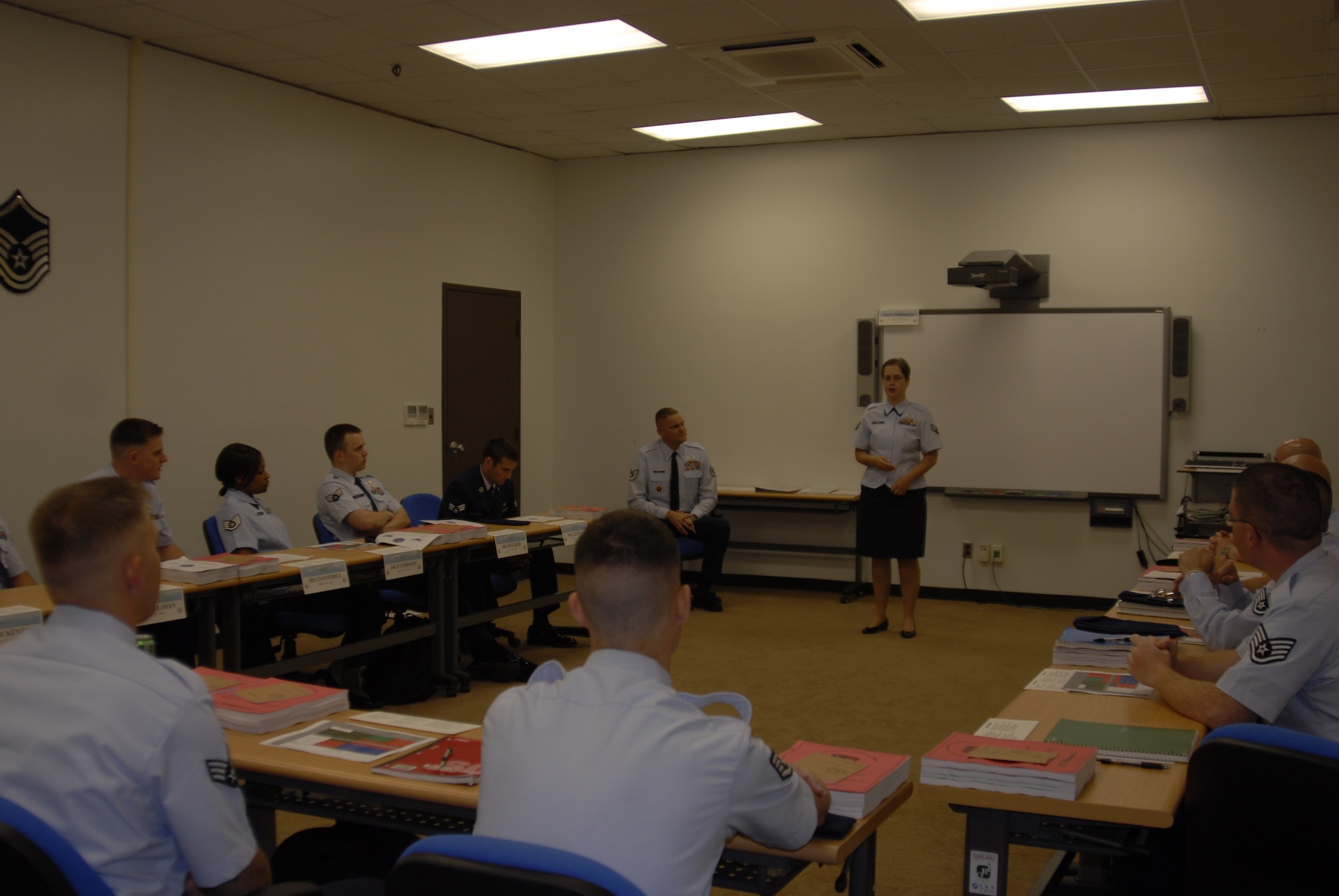 KUNSAN AIR BASE, Republic of Korea -- Senior Airman Catherine Hanson, 8th Logistics Readiness Squadron Transportation Management Office technician, introduces herself to her Airman Leadership School class July 6. The first-ever ALS class at Kunsan began July 6. (U.S. Air Force photo/Staff Sgt. Amanda Savannah)