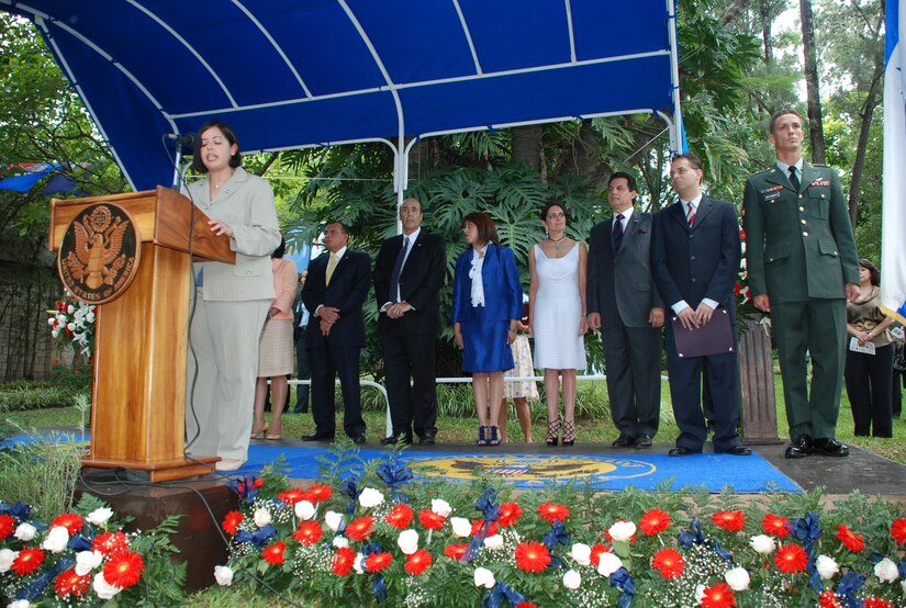 Spc. Eniol Abreusarmiento (far right), a helicopter mechanic and crew chief in the 1-228th Aviation Regiment, Soto Cano Air Base, Honduras, prepares to take his naturalization oath during a ceremony in Tegucigalpa July 2. Specialist Abreusarmiento, who was born in Cuba, became a U.S. citizen at an Independence Day celebration hosted by U.S. Ambassador to Honduras Hugo Llorens and attended by Honduran President Porfirio Lobo. (U.S. Air Force photo by 1st Lt. Jen Richard)