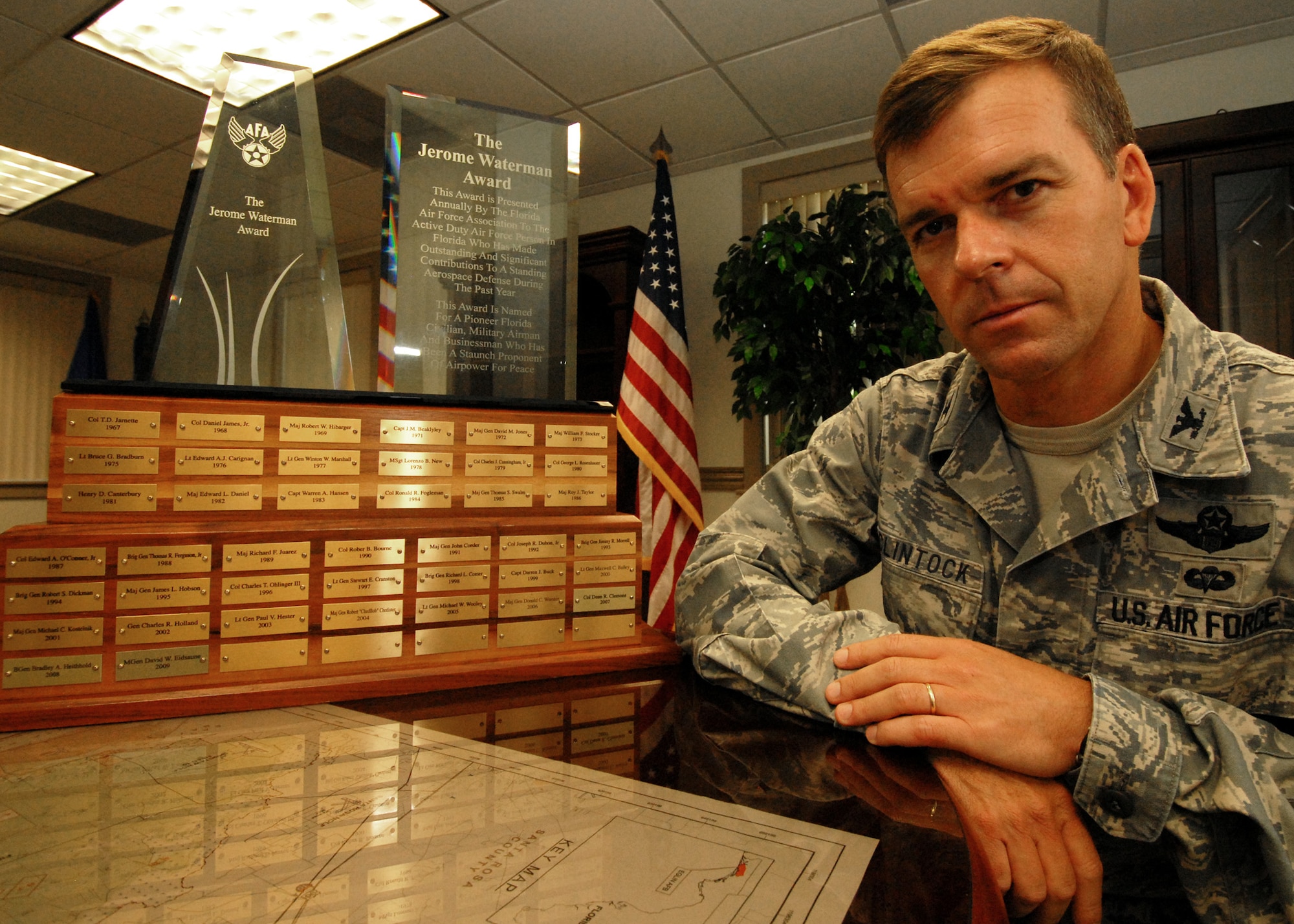 Congratulations to Col. Bruce McClintock, 96th Air Base Wing commander, on being chosen for the Jerome Waterman Award by the Florida  Air Force Association.  The award was presented during a ceremony at the officers club July 6.  (U.S. Air Force photo/Samuel King Jr.)