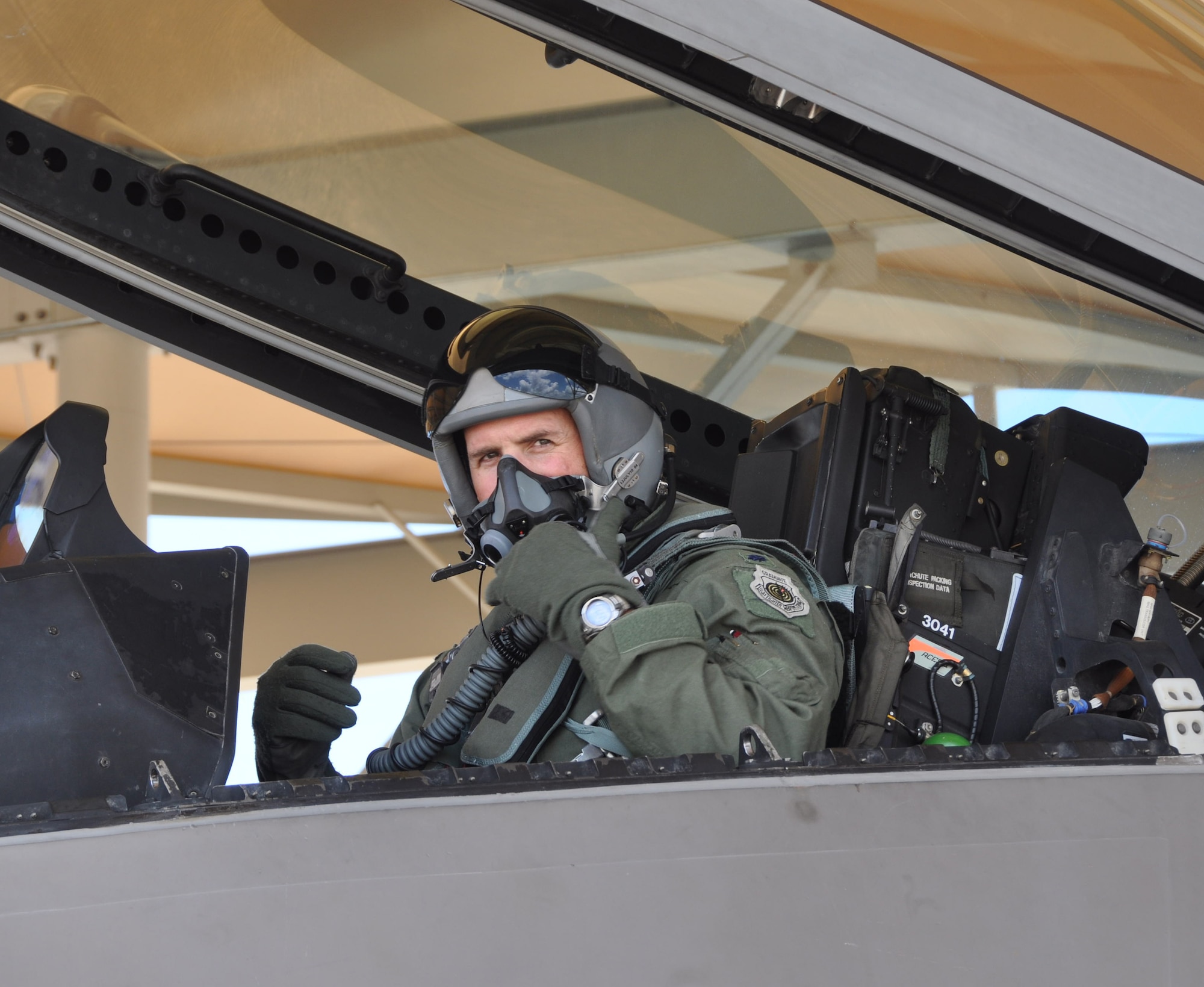 Lt. Col. Bradley Bird, 43rd Fighter Squadron commander, completes a systems check in preparation for a local F-22 Raptor sortie recently. (U.S. Air Force photo by Airman 1st Class Rachelle Elsea) 