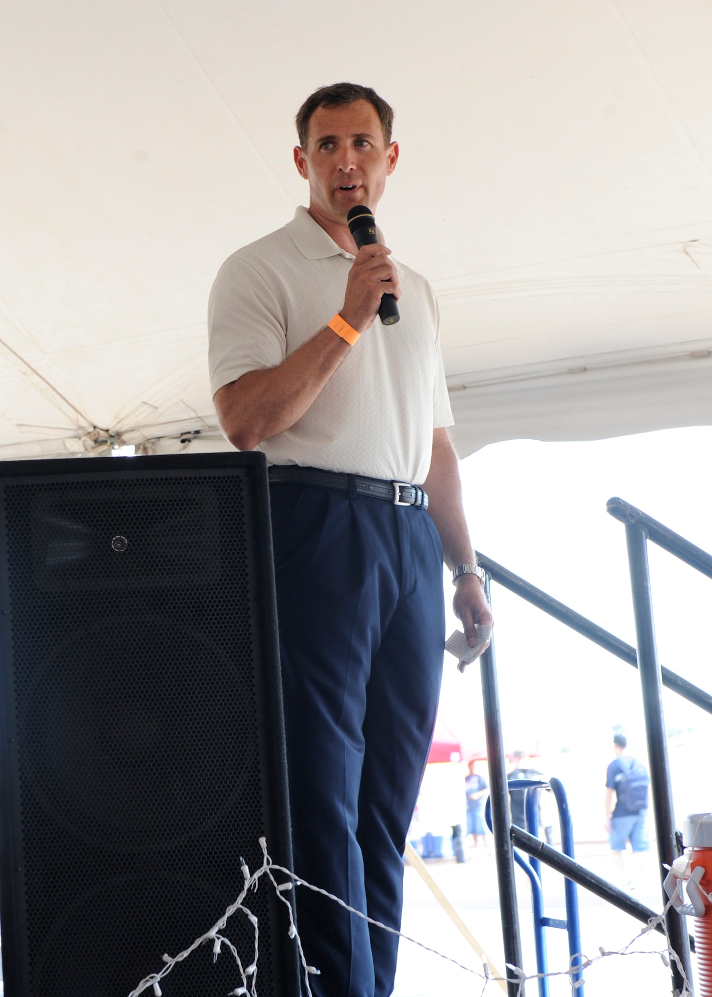 HOLLOMAN AIR FORCE BASE, N.M. -- Col. David Krumm, 49th Wing commander, starts off the Fourth of July Block Party with a welcome speech at the Domenici Fitness and Sports Center parking lot July 2, 2010. Colonel Krumm and his family attended the event which included go-karts, squadron food vendors and professional skateboarders. (U.S. Air Force photo by Airman 1st Class Eileen Payne / Released)