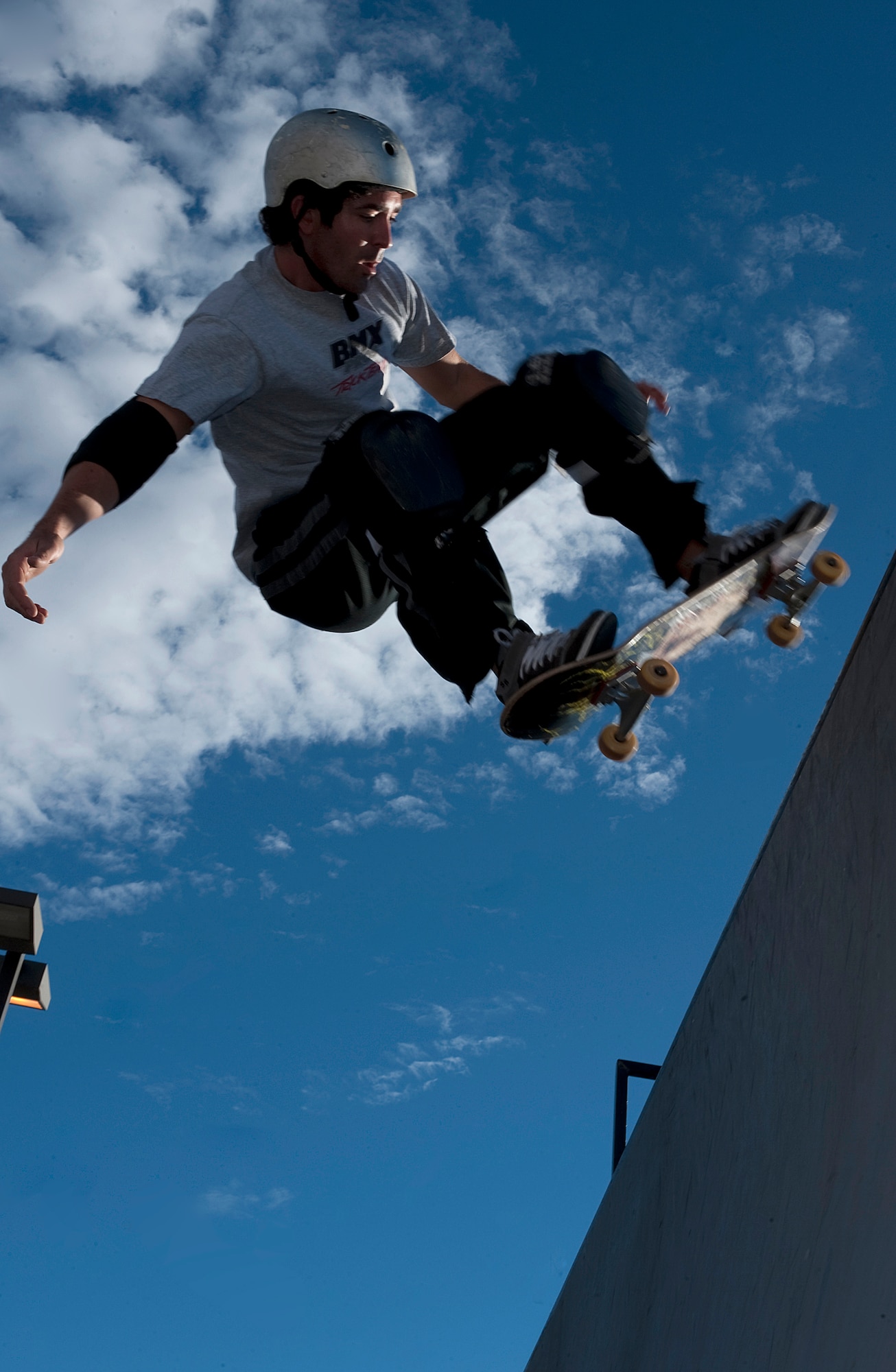 HOLLOMAN AIR FORCE BASE, N.M. -- A skateboarder from Los Angeles, Calif., performs a variation of tricks for the crowd at the Fourth of July celebration July 2, 2010. The BMX demo team was one of the main attractions for the event held to celebrate Independence Day. They performed at three different times showing a variety of tricks and moves. (U.S. Air Force photo by Senior Airman DeAndre Curtiss / Released)