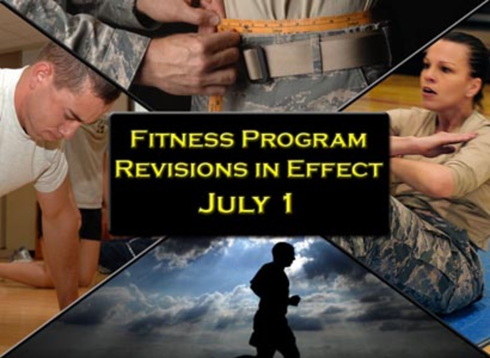 HOLLOMAN AIR FORCE BASE, N.M. -- Revisions to the Air Force Fitness Program went into effect July 1, incorporating new scoring standards and a requirement to test twice a year. Along with these revisions, members of Team Holloman will now be tested by personnel assigned to the Fitness Assessment Cells located in the Domenici Fitness and Sports Center. (U.S. Air Force photo illustration by Airman 1st Class Sondra Escutia / Released)
