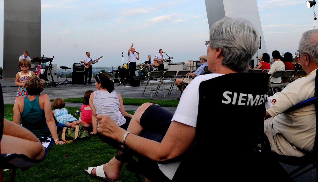 The Air Force Band's rock group ensemble, Max Impact, played at the Air Force Memorial June 24 as part of the Summer Concert Series. The Band’s six performing ensembles take turns performing throughout the summer at the Air Force Memorial each Wednesday and Friday with no fee for attendance. The ensembles also take turns performing every Tuesday on the steps of the Capitol Building. For more information, please visit www.usafband.af.mil. (U.S. Air Force photo by Airman 1st Class Katherine Windish) 
