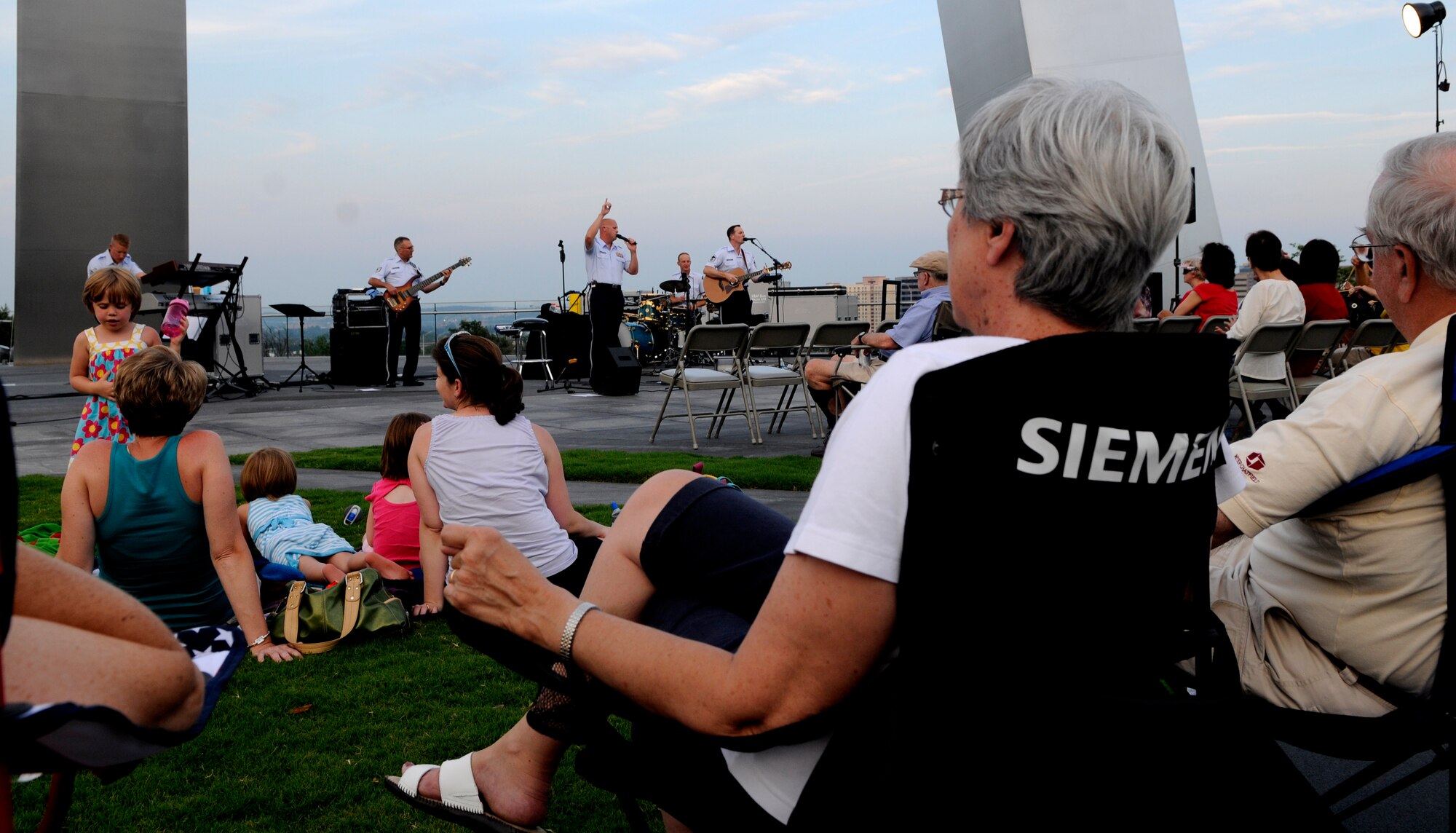 The Air Force Band's rock group ensemble, Max Impact, played at the Air Force Memorial June 24 as part of the Summer Concert Series. The Band’s six performing ensembles take turns performing throughout the summer at the Air Force Memorial each Wednesday and Friday with no fee for attendance. The ensembles also take turns performing every Tuesday on the steps of the Capitol Building. For more information, please visit www.usafband.af.mil. (U.S. Air Force photo by Airman 1st Class Katherine Windish) 
