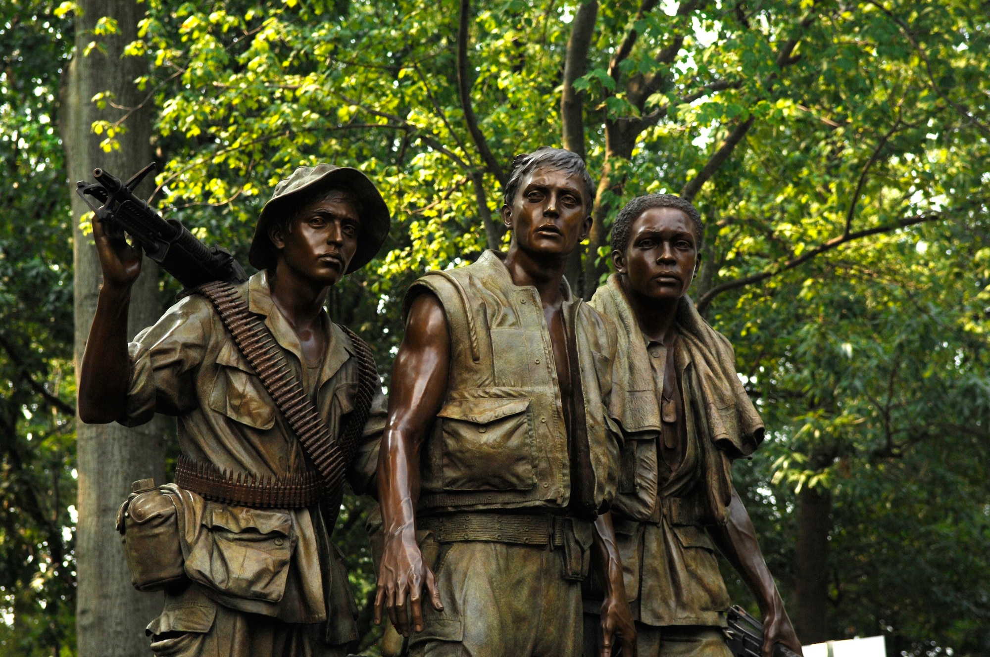 After six weeks of restoration work, the newly restored Three Servicemen Statue was unveiled July 8, 2010, during a rededication ceremony near the Vietnam Veterans War Memorial in Washington, D.C.  (Defense Department photo/Army Sgt. 1st Class Michael J. Carden)