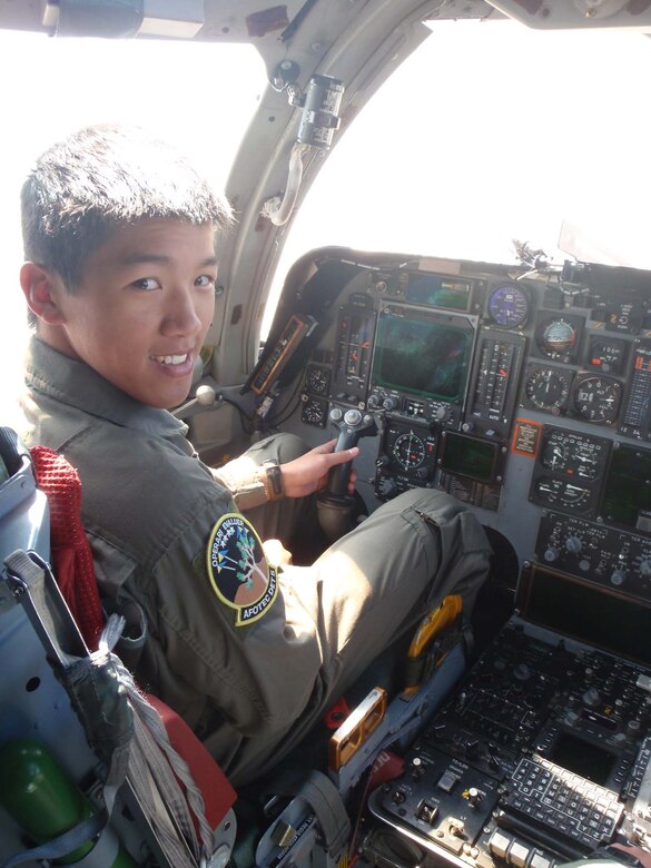 Cadet First Class Christopher Leung receives an orientation tour of the B-1 during his five-week U.S. Air Force Academy Cadet Summer Research Program tour with the Air Force Operational Test and Evaluation Center’s Detachment 5 at Edwards AFB, Calif. Cadet Leung provided support in the analysis of ground and flight test data from the B-1B Fully Integrated Data Link program. (U.S. Air Force photo).