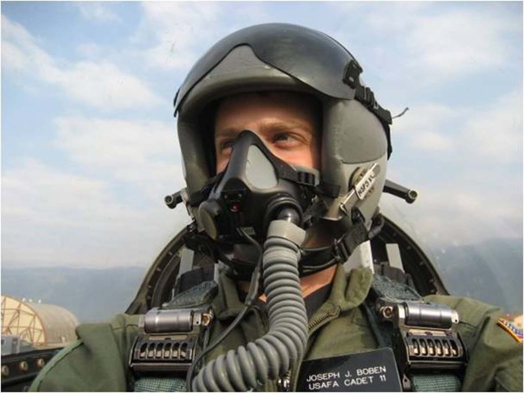 Cadet First Class Joseph Boben receives an incentive flight in the back seat of an F-16 at Nellis AFB, Nev. Cadet Boben spent five weeks at the Air Force Operational Test and Evaluation Center’s Detachment 6 at Nellis as part of a mentoring program between AFOTEC and the U.S. Air Force Academy. The program leverages AFOTEC experience in operations, acquisitions, and test to create a comprehensive mentoring program to assist USAFA cadets during their academic and professional development. (U.S. Air Force photo)