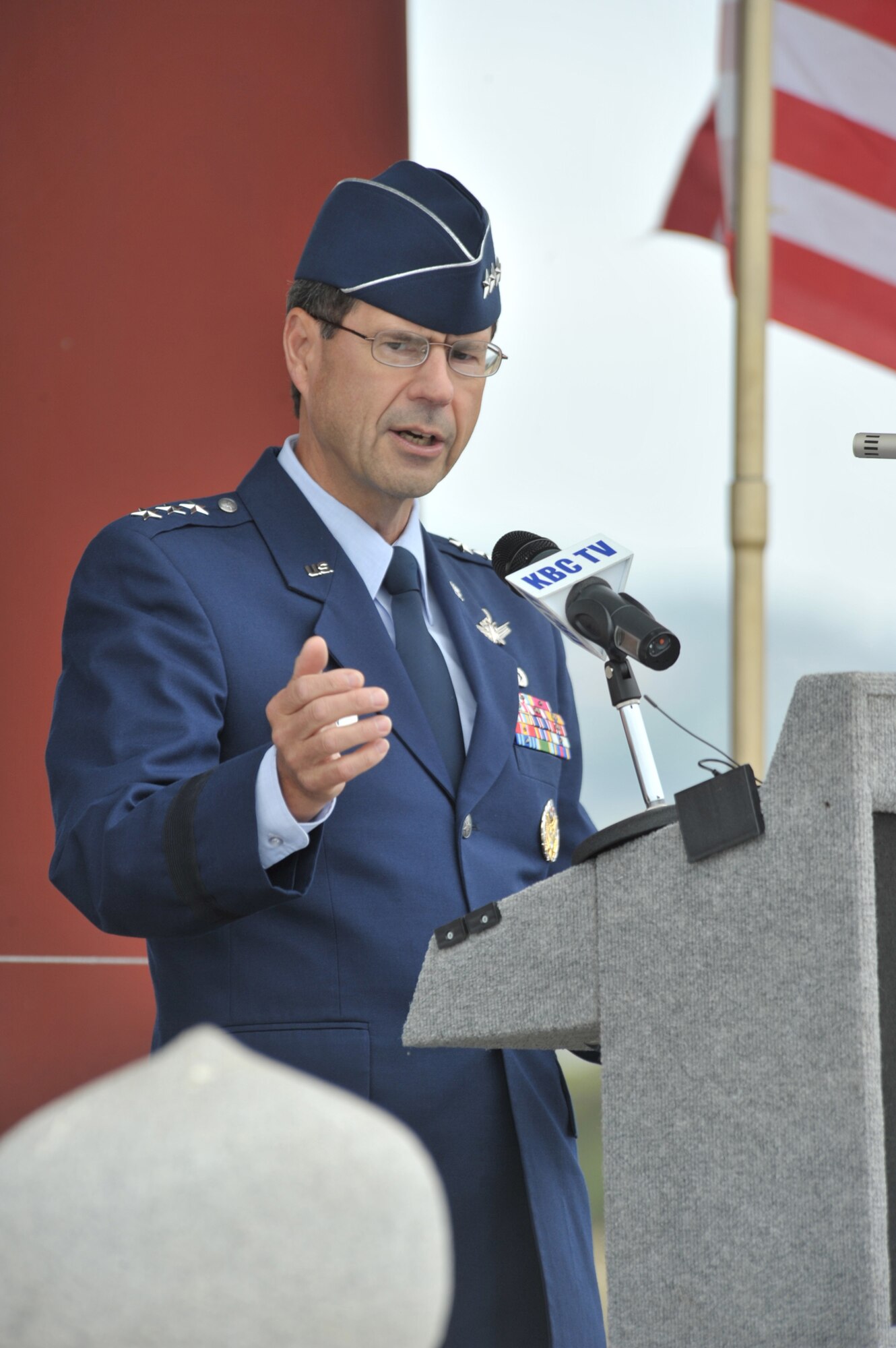 Lt. Gen. Tom Sheridan, SMC commander, speaks at the Korean Bell ceremony in San Pedro, July 4. The general was the keynote speaker at the event. A  gift from the Republic of Korea, the bell is rung four times per year coinciding with the 4th of July, Korean Independence Day on Aug. 15,  Constitution Week in September and New Years.  (Photo by Atiba S. Copeland)