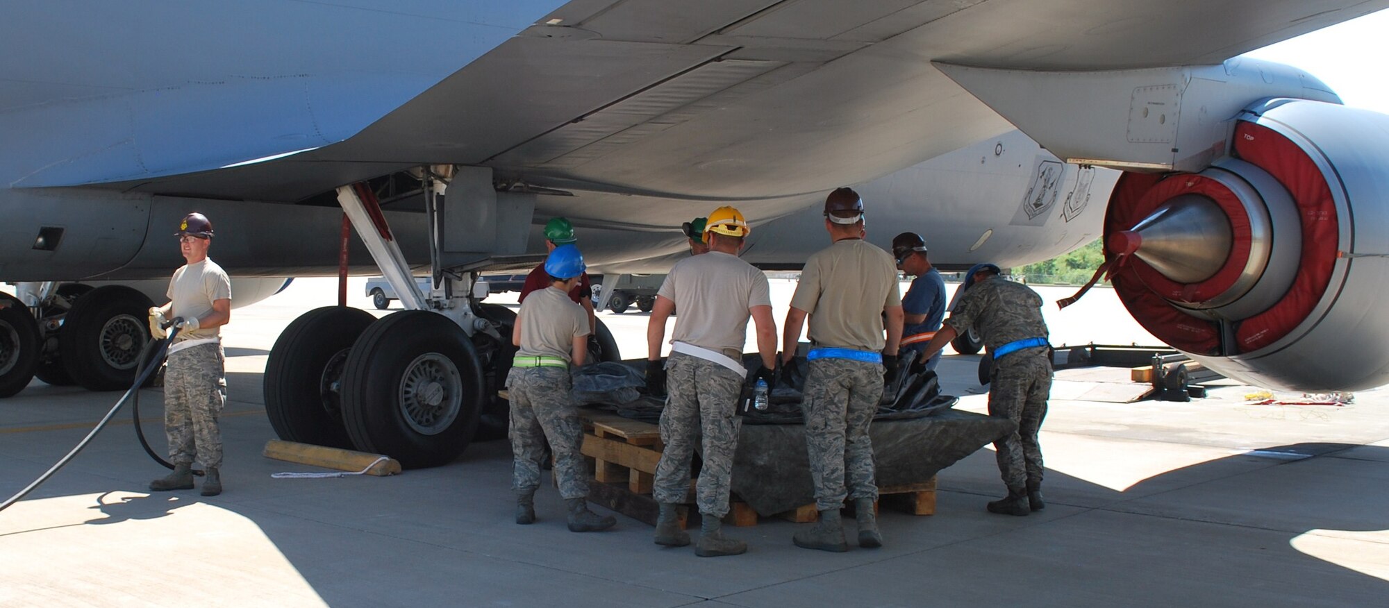 Joint Air Force Reserve and Air National Guard maintenance teams practice CDDAR (Crashed, Damaged, Disabled and Recovery) skills during a recent exercise at Tinker Air Force Base.  Shown here maintenance crews from the 507th Maintenance Group and 137th Maintenance Group set up a platform and lifting bag to simulate the process that would be used to lift a damaged aircraft for repairs.
