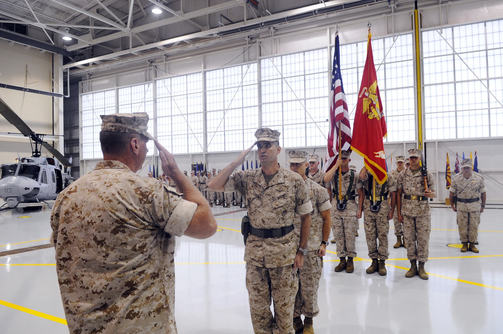 Team Robins members gathered in the new hangar of Robins’ newest unit, Marine Aircraft Group-49, Detachment A for their change of command ceremony. U. S. Air Force photo by Sue Sapp  