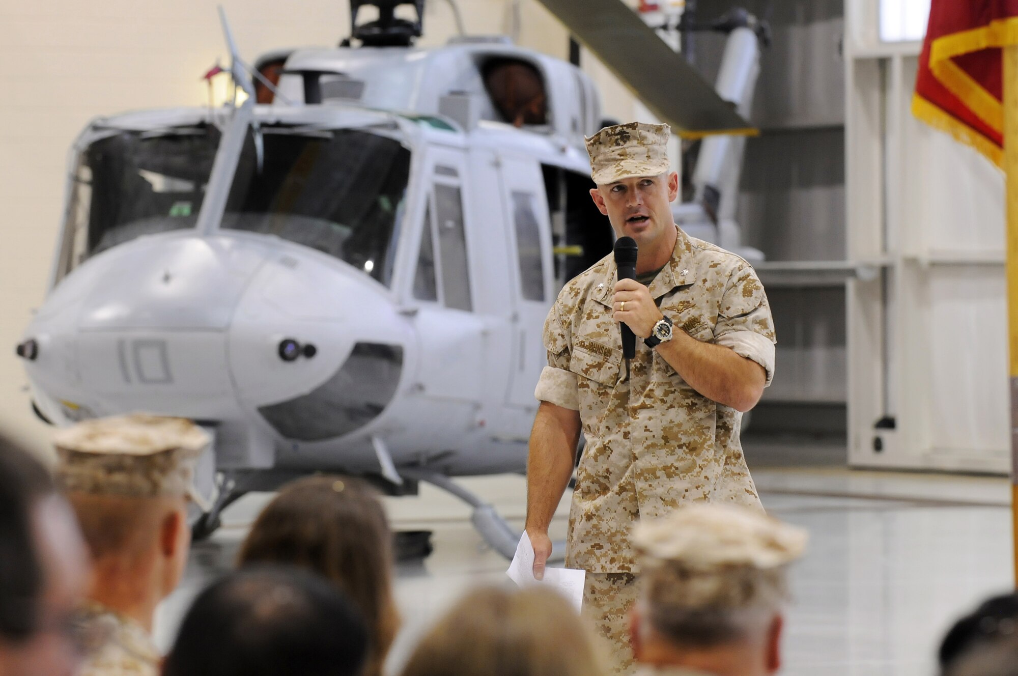 Lt. Col. Michael  Johnson took command of the Marine Aircraft Group 49, Detachment A from Lt. Col. Thomas Nemeth during a change of command ceremony July 1.  U. S. Air Force photo by Sue Sapp