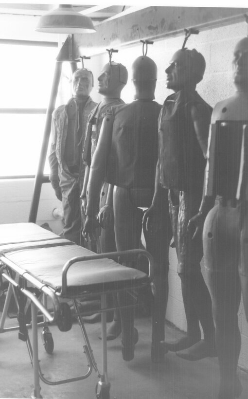 Examples of “Sierra Sam” and Alderson Laboratories anthropomorphic dummies of the type dropped from balloons at off-range locations throughout New Mexico during the 1950s. Air Force personnel used stretchers and gurneys to pick up 200-pound dummies in the field and move them to in the laboratory